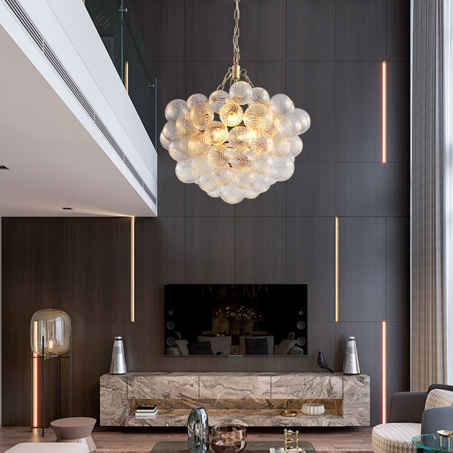 23.6-Inch Gold Pendant Light Chandelier with Threaded Clear Glass Globe Shade – Adjustable Height, Ideal for Living Room, Dining Room, Kitchen (No Bulbs)