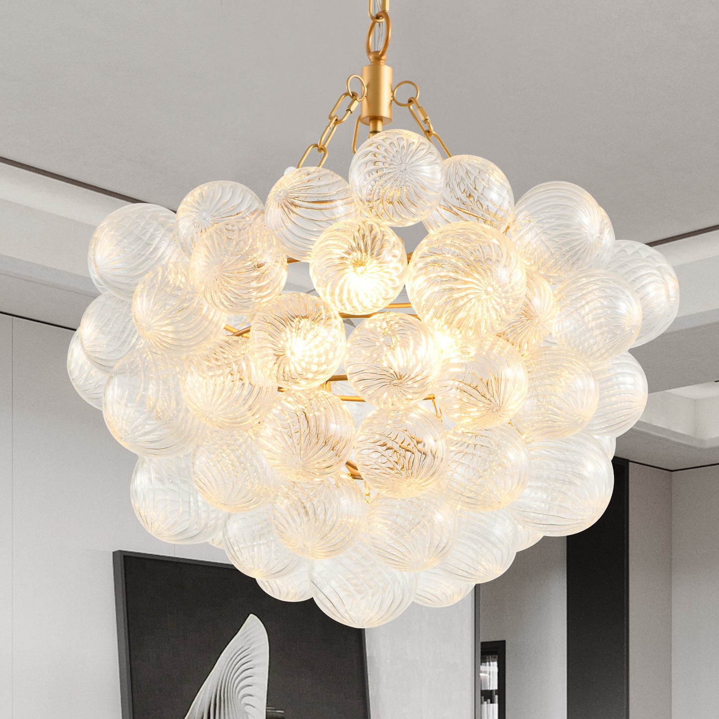 23.6-Inch Gold Pendant Light Chandelier with Threaded Clear Glass Globe Shade – Adjustable Height, Ideal for Living Room, Dining Room, Kitchen (No Bulbs)
