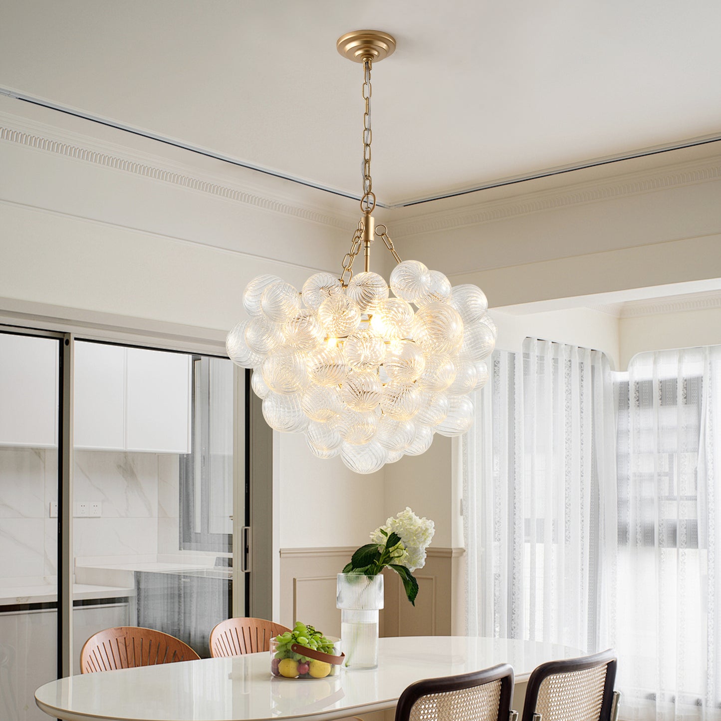 23.6-Inch Gold Pendant Light Chandelier with Threaded Clear Glass Globe Shade – Adjustable Height, Ideal for Living Room, Dining Room, Kitchen (No Bulbs)