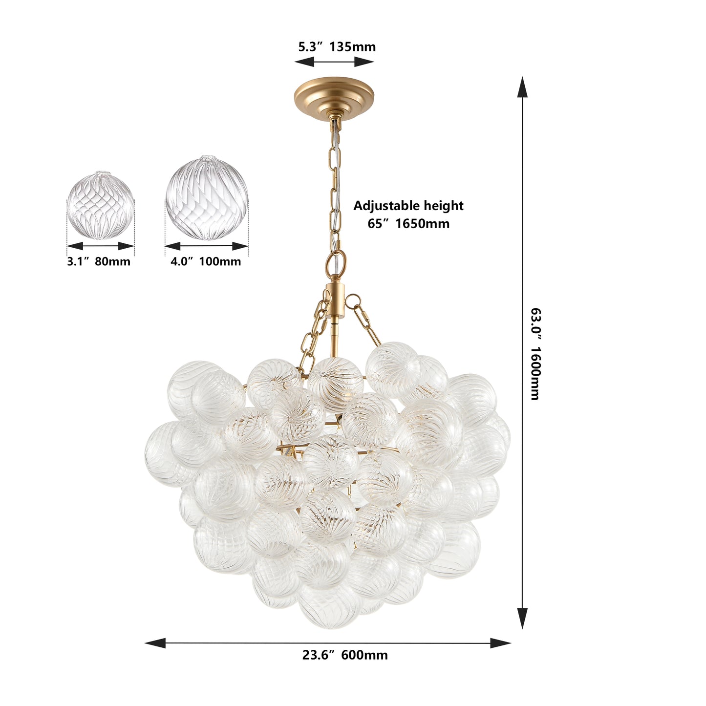 23.6-Inch Gold Pendant Light Chandelier with Threaded Clear Glass Globe Shade – Adjustable Height, Ideal for Living Room, Dining Room, Kitchen (No Bulbs)