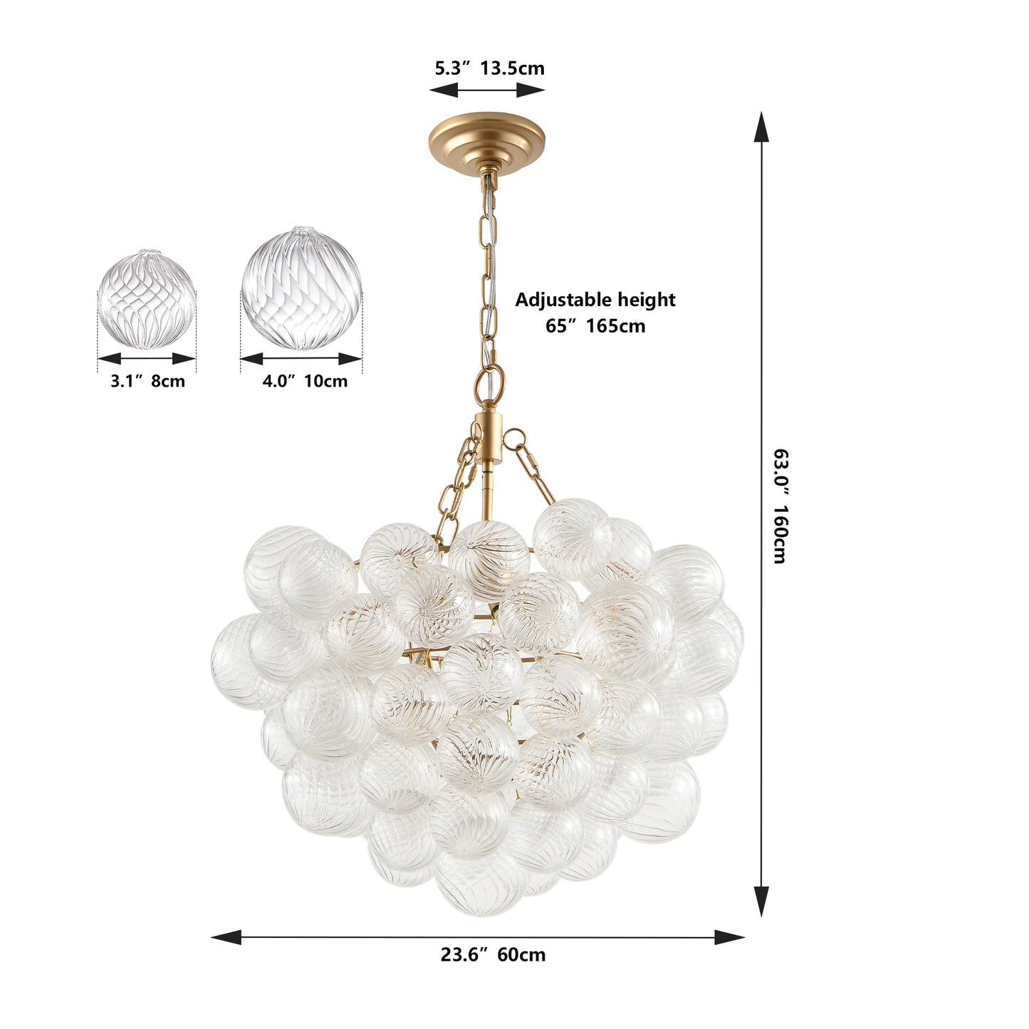 23.6-Inch Gold Pendant Light Chandelier with Threaded Clear Glass Globe Shade – Adjustable Height, Ideal for Living Room, Dining Room, Kitchen (No Bulbs)