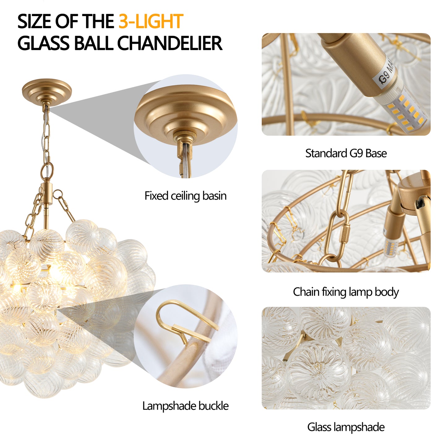 23.6-Inch Gold Pendant Light Chandelier with Threaded Clear Glass Globe Shade – Adjustable Height, Ideal for Living Room, Dining Room, Kitchen (No Bulbs)