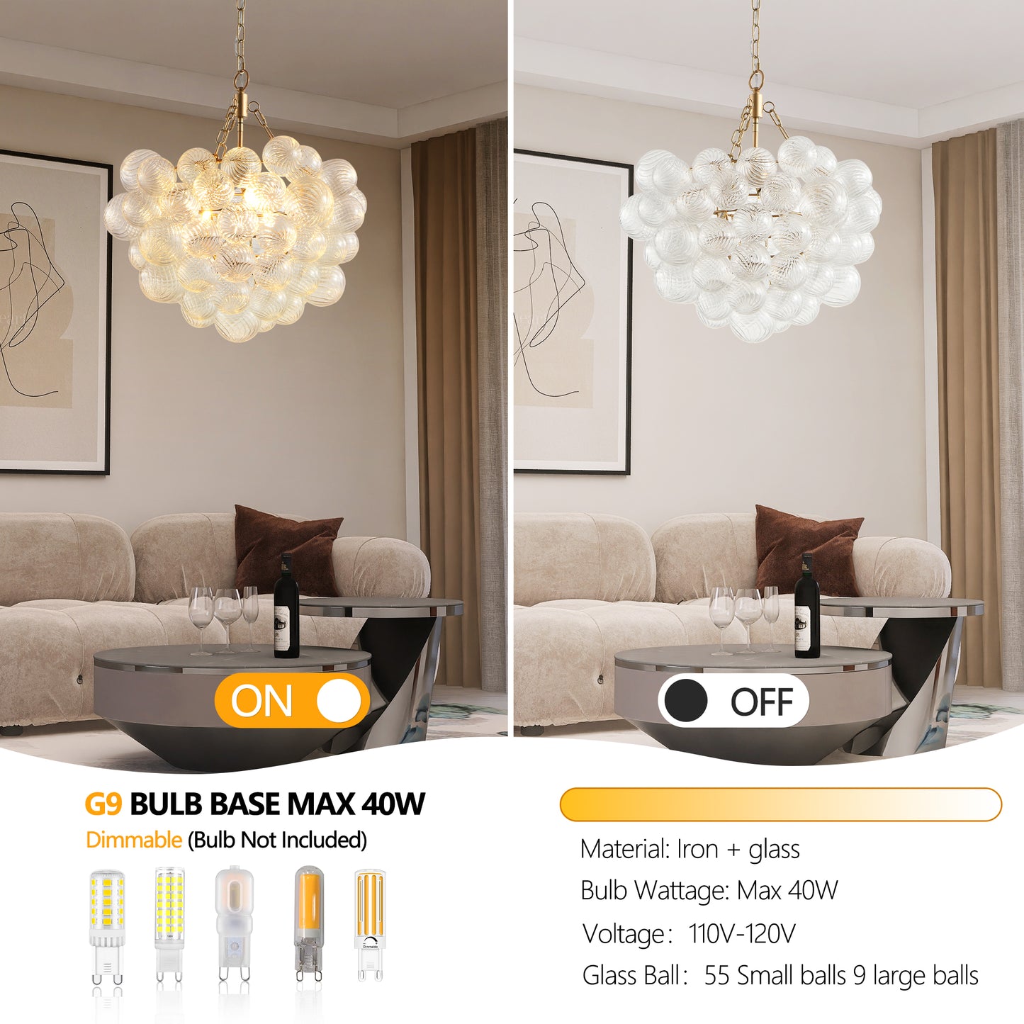 23.6-Inch Gold Pendant Light Chandelier with Threaded Clear Glass Globe Shade – Adjustable Height, Ideal for Living Room, Dining Room, Kitchen (No Bulbs)