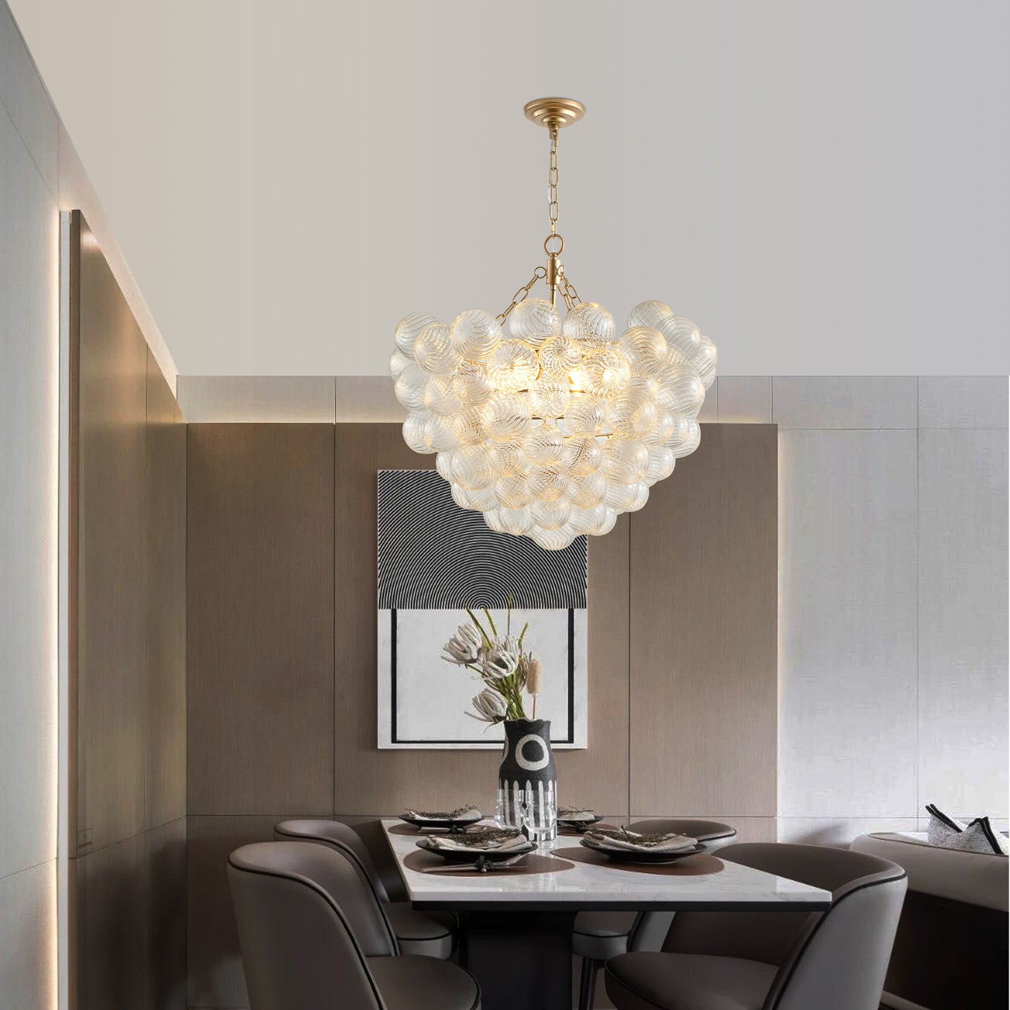 27.5-Inch Gold Pendant Light Chandelier with Threaded Clear Glass Globe Shade – Adjustable Height, Ideal for Living Room, Dining Room, Kitchen (No Bulbs)