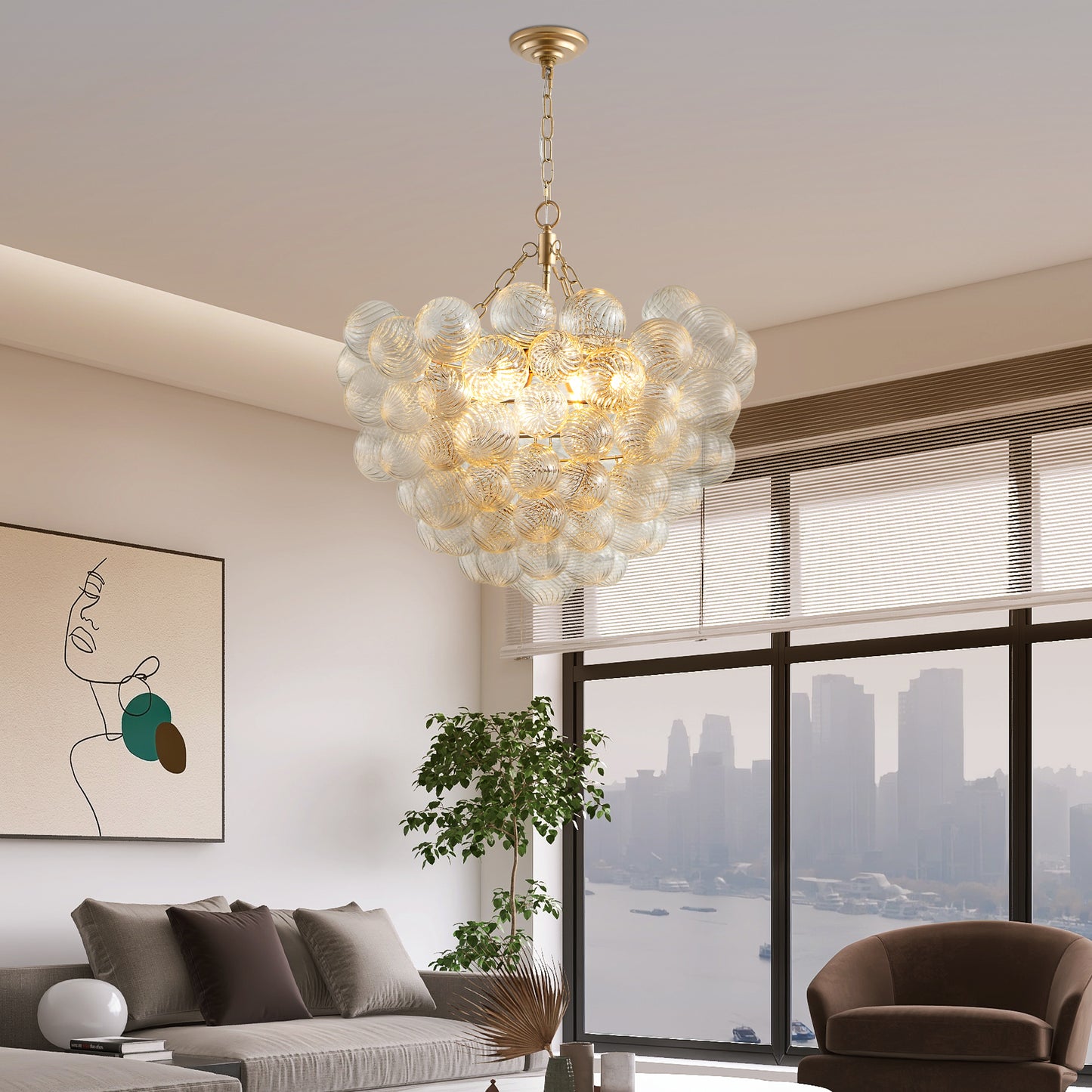 27.5-Inch Gold Pendant Light Chandelier with Threaded Clear Glass Globe Shade – Adjustable Height, Ideal for Living Room, Dining Room, Kitchen (No Bulbs)