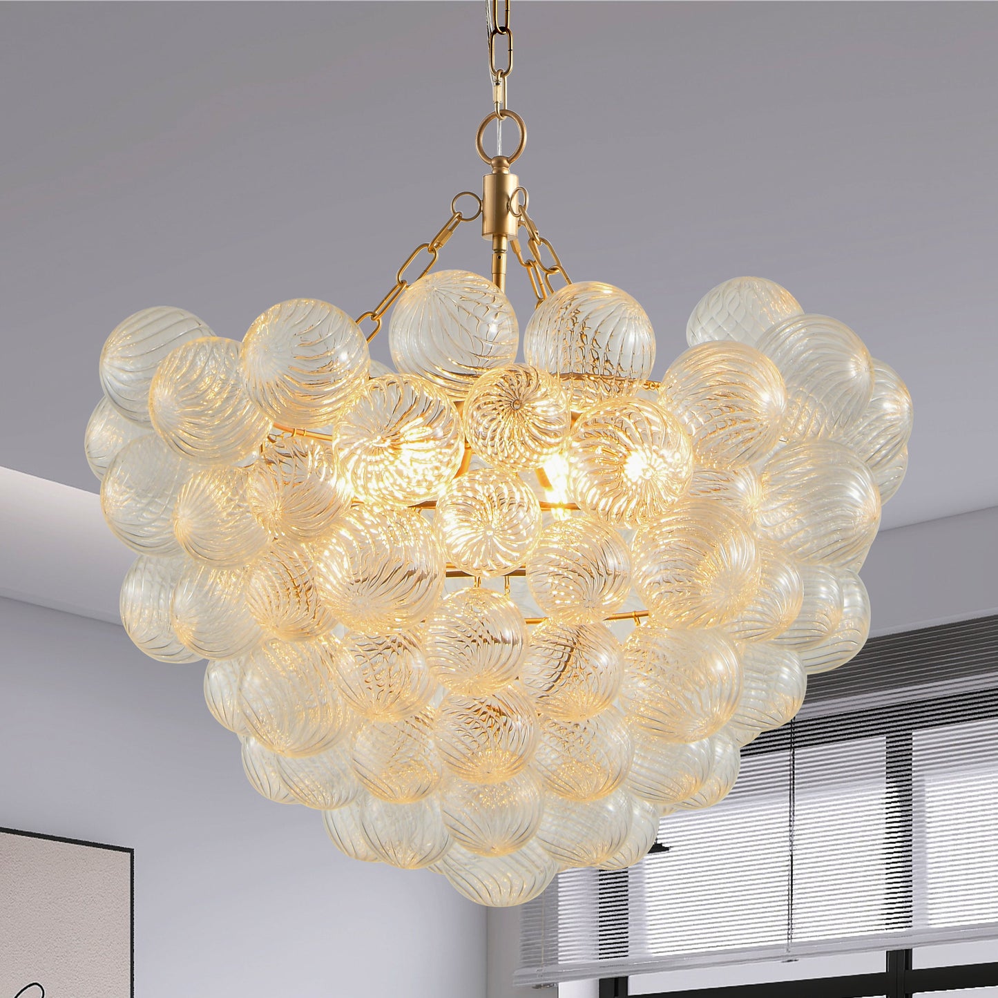 27.5-Inch Gold Pendant Light Chandelier with Threaded Clear Glass Globe Shade – Adjustable Height, Ideal for Living Room, Dining Room, Kitchen (No Bulbs)
