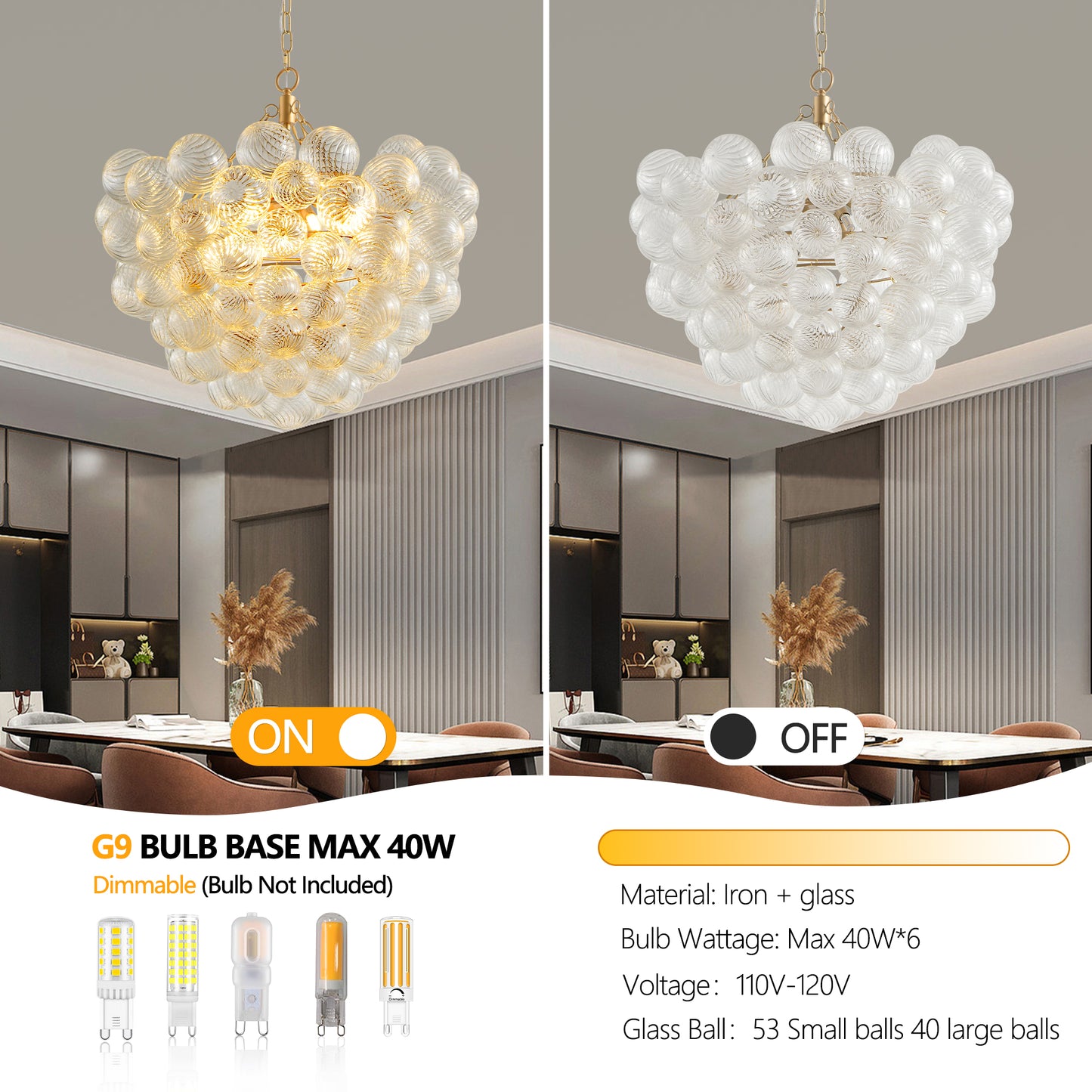 27.5-Inch Gold Pendant Light Chandelier with Threaded Clear Glass Globe Shade – Adjustable Height, Ideal for Living Room, Dining Room, Kitchen (No Bulbs)