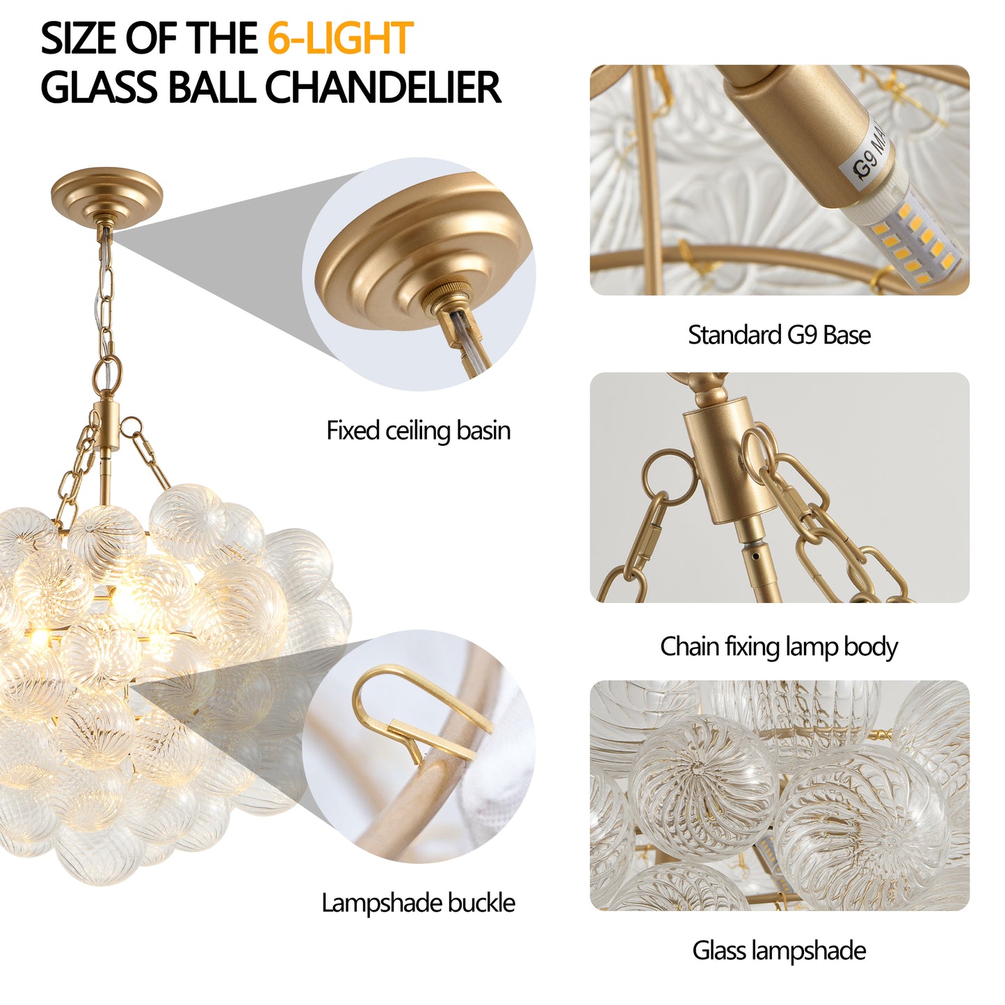 27.5-Inch Gold Pendant Light Chandelier with Threaded Clear Glass Globe Shade – Adjustable Height, Ideal for Living Room, Dining Room, Kitchen (No Bulbs)