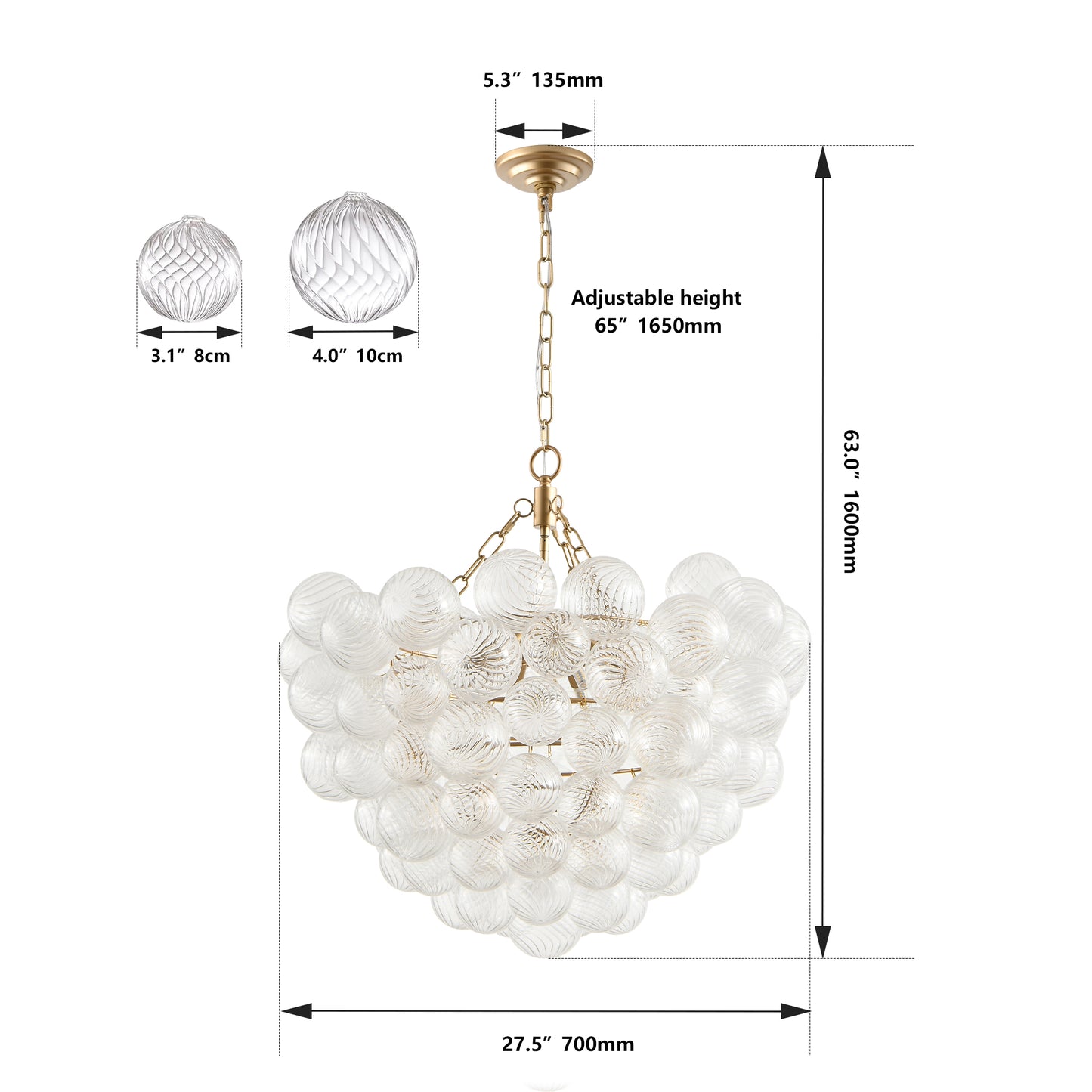 27.5-Inch Gold Pendant Light Chandelier with Threaded Clear Glass Globe Shade – Adjustable Height, Ideal for Living Room, Dining Room, Kitchen (No Bulbs)