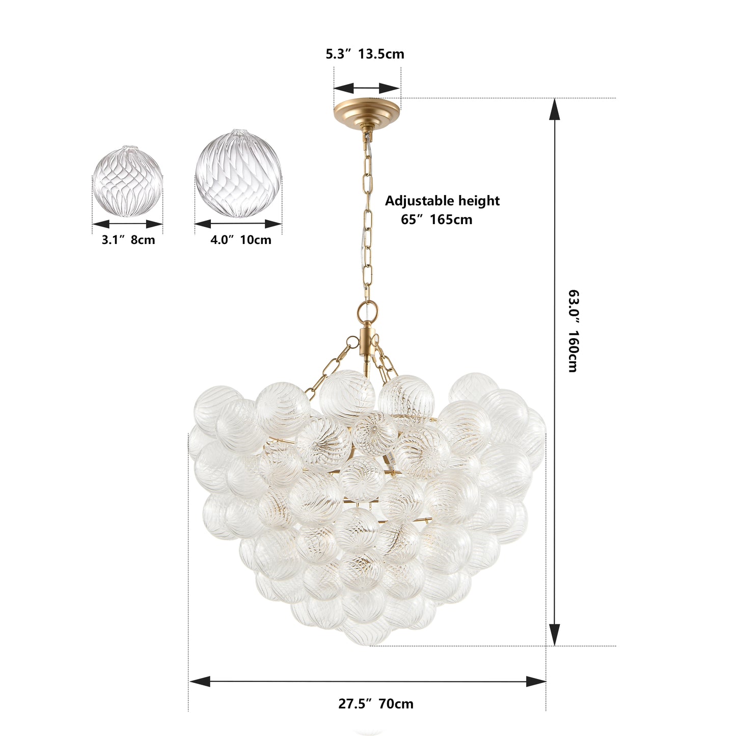 27.5-Inch Gold Pendant Light Chandelier with Threaded Clear Glass Globe Shade – Adjustable Height, Ideal for Living Room, Dining Room, Kitchen (No Bulbs)