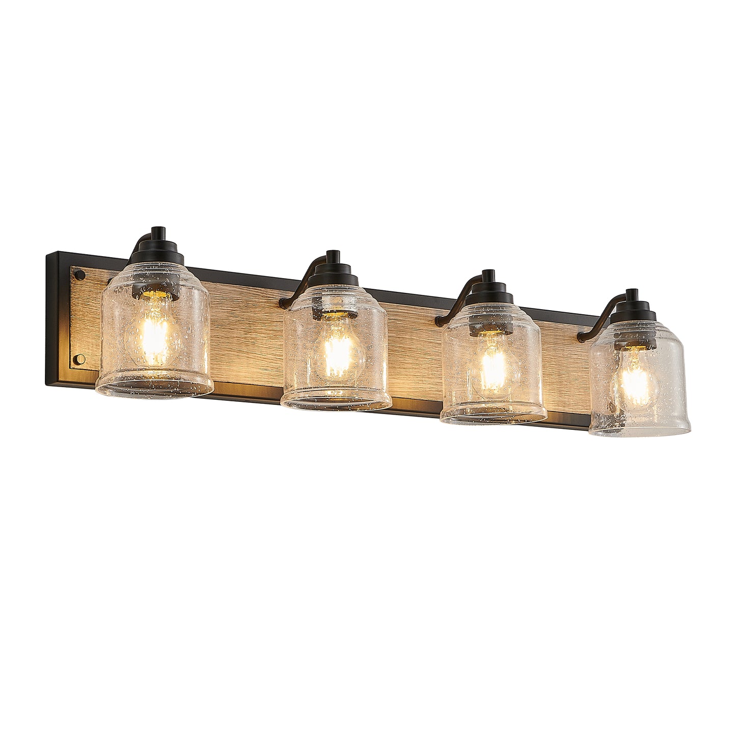 32" Farmhouse Vanity Light Fixture, 4-Light Bathroom Wall Sconce with Clear Seeded Glass Shades, Black and Wood Grain Finish, Modern Industrial Design for Bathroom or Powder Room (No Bulbs)