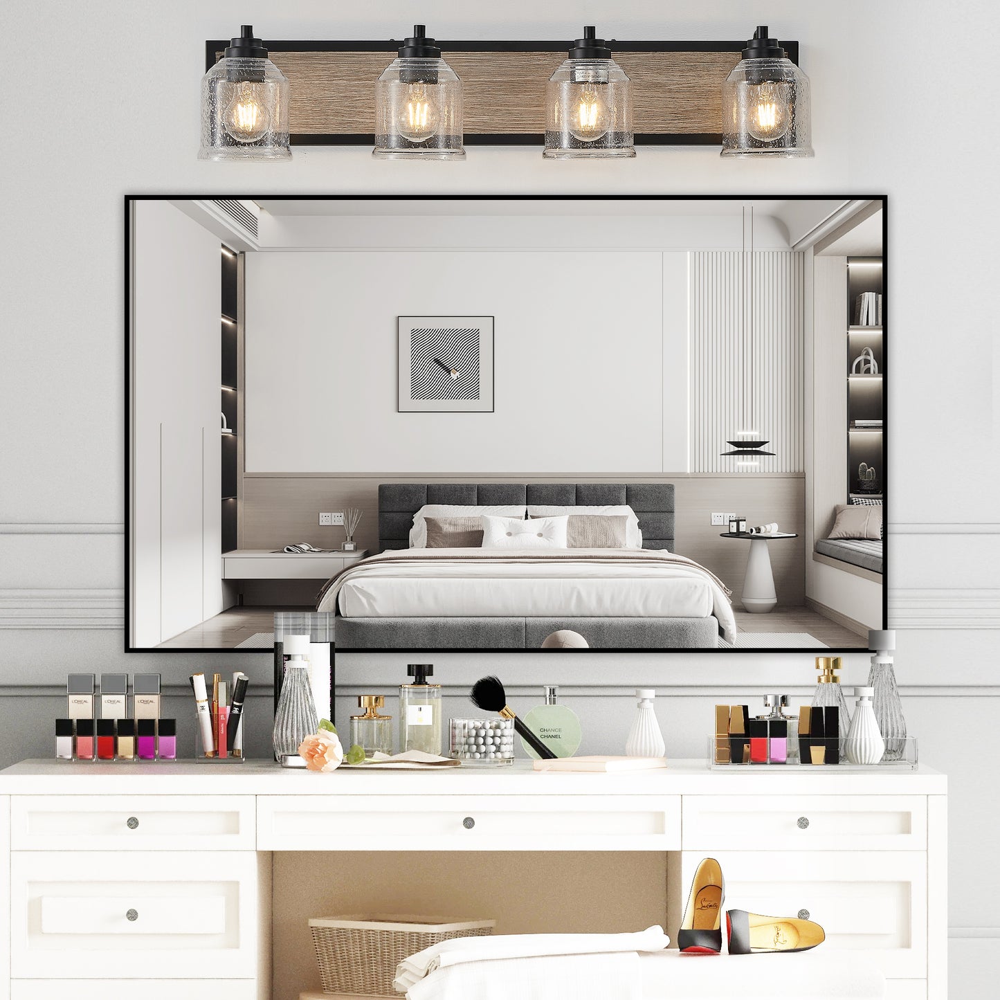 32" Farmhouse Vanity Light Fixture, 4-Light Bathroom Wall Sconce with Clear Seeded Glass Shades, Black and Wood Grain Finish, Modern Industrial Design for Bathroom or Powder Room (No Bulbs)