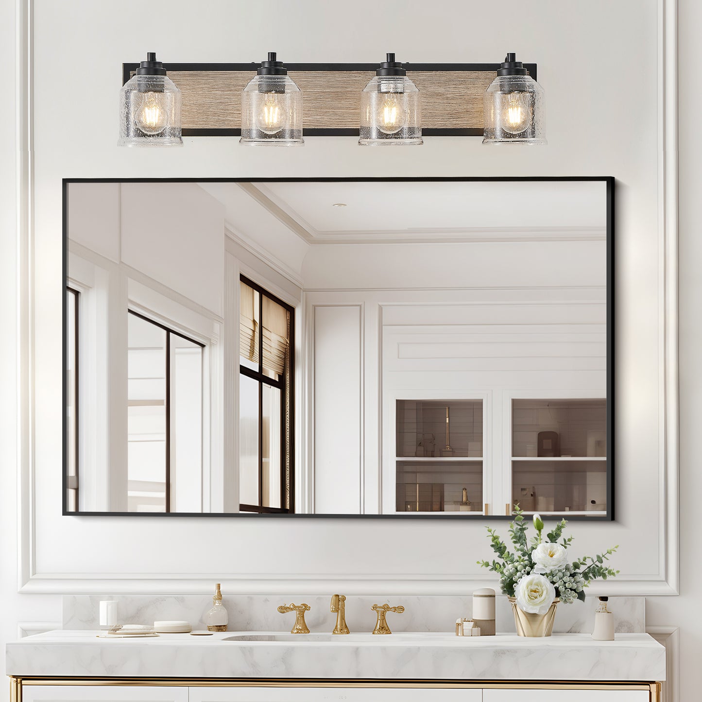 32" Farmhouse Vanity Light Fixture, 4-Light Bathroom Wall Sconce with Clear Seeded Glass Shades, Black and Wood Grain Finish, Modern Industrial Design for Bathroom or Powder Room (No Bulbs)