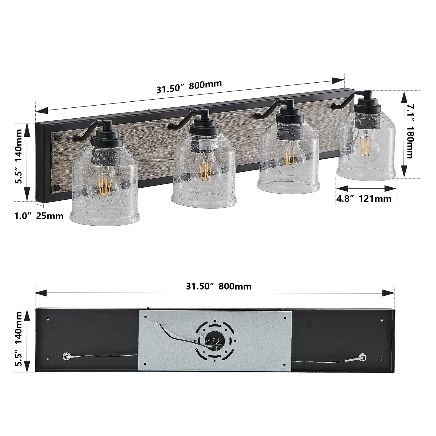 32" Farmhouse Vanity Light Fixture, 4-Light Bathroom Wall Sconce with Clear Seeded Glass Shades, Black and Wood Grain Finish, Modern Industrial Design for Bathroom or Powder Room (No Bulbs)
