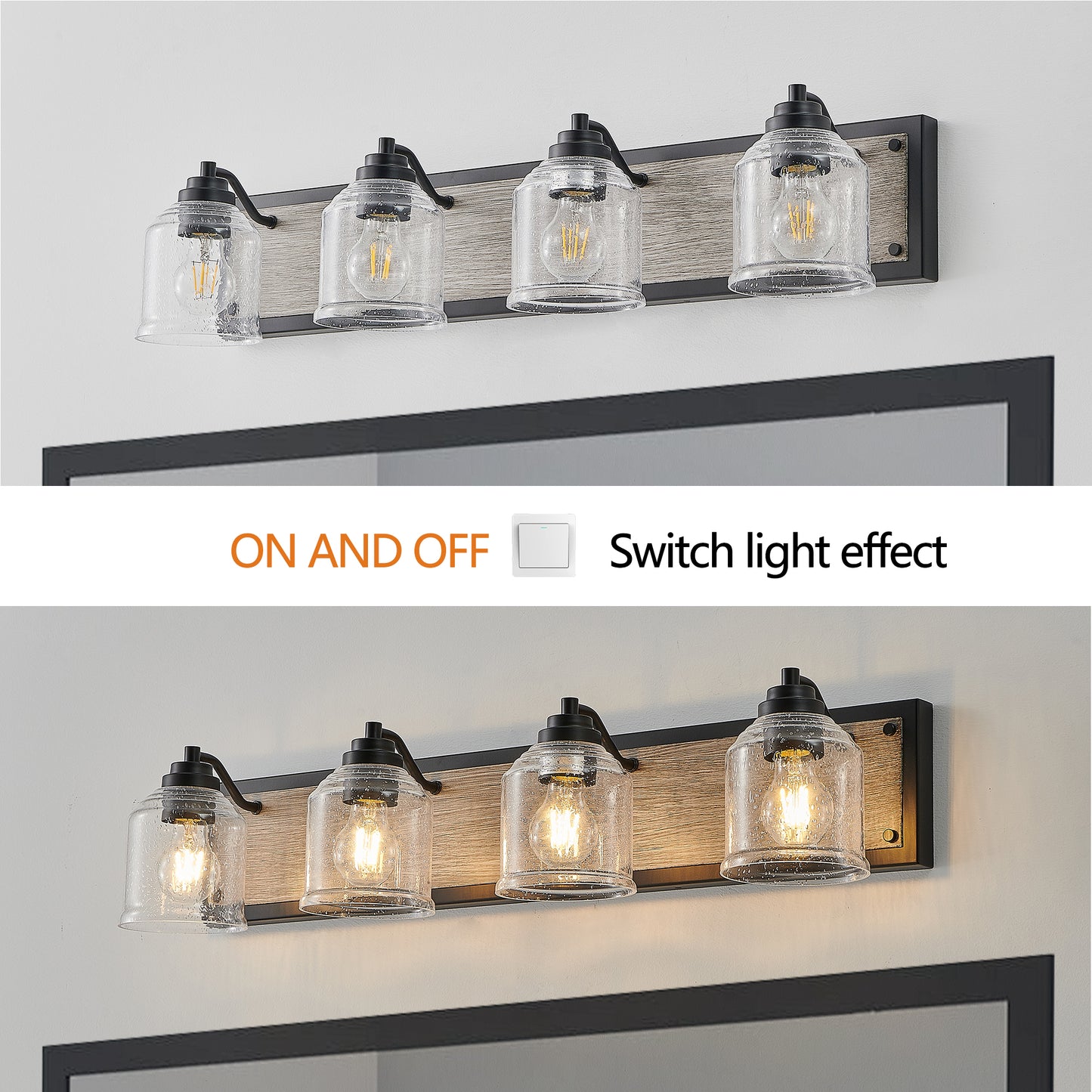 32" Farmhouse Vanity Light Fixture, 4-Light Bathroom Wall Sconce with Clear Seeded Glass Shades, Black and Wood Grain Finish, Modern Industrial Design for Bathroom or Powder Room (No Bulbs)
