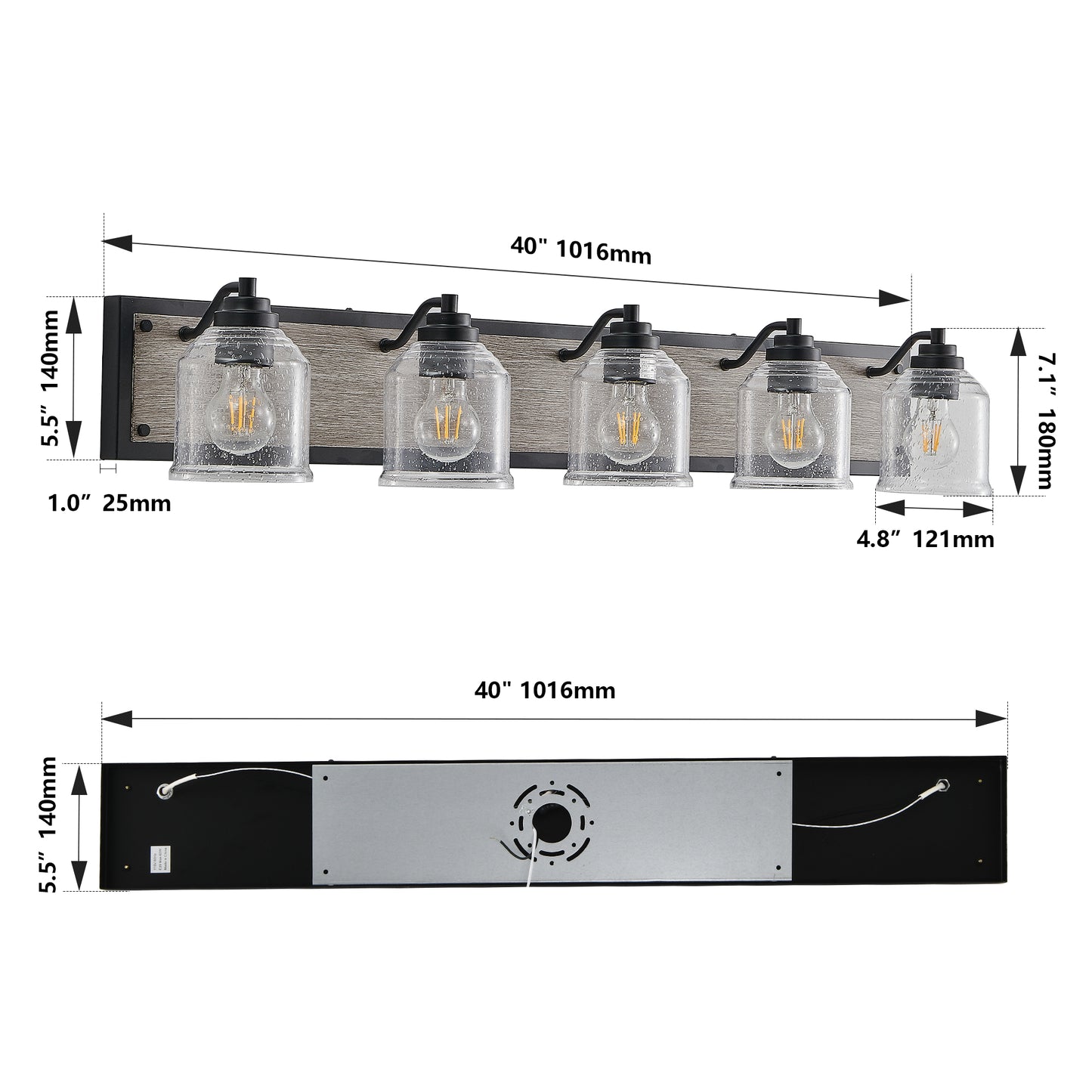 40" Farmhouse Vanity Light Fixture, 5-Light Bathroom Wall Sconce with Clear Seeded Glass Shades, Black and Wood Grain Finish, Modern Industrial Design for Bathroom or Powder Room (No Bulbs)