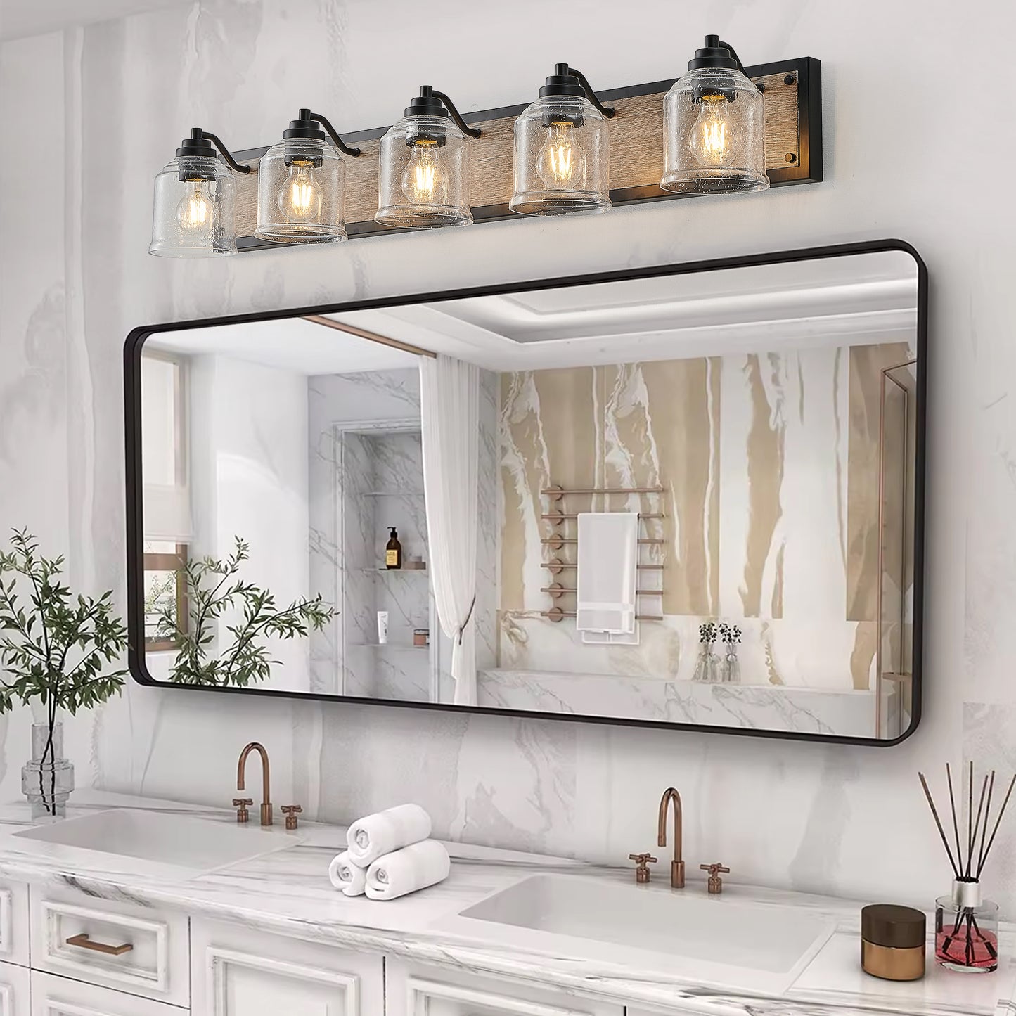 40" Farmhouse Vanity Light Fixture, 5-Light Bathroom Wall Sconce with Clear Seeded Glass Shades, Black and Wood Grain Finish, Modern Industrial Design for Bathroom or Powder Room (No Bulbs)