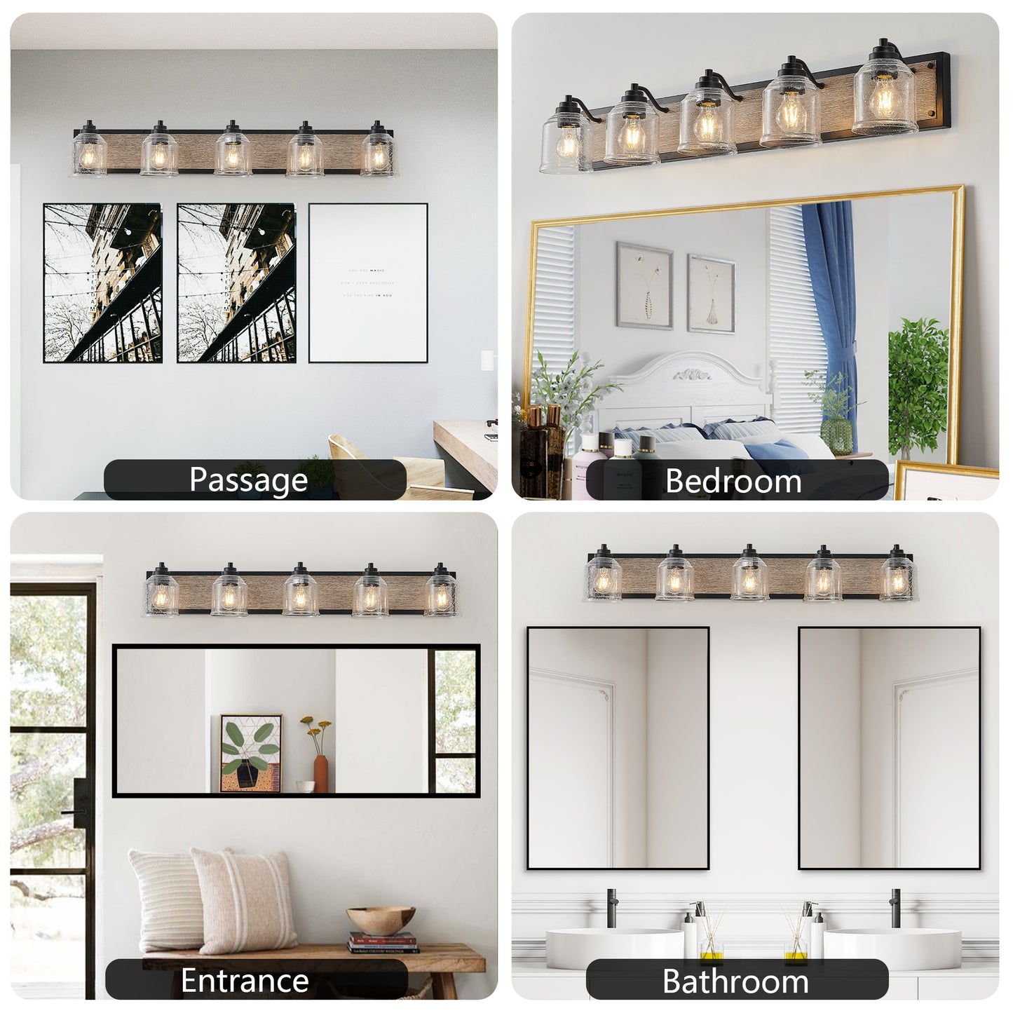 40" Farmhouse Vanity Light Fixture, 5-Light Bathroom Wall Sconce with Clear Seeded Glass Shades, Black and Wood Grain Finish, Modern Industrial Design for Bathroom or Powder Room (No Bulbs)