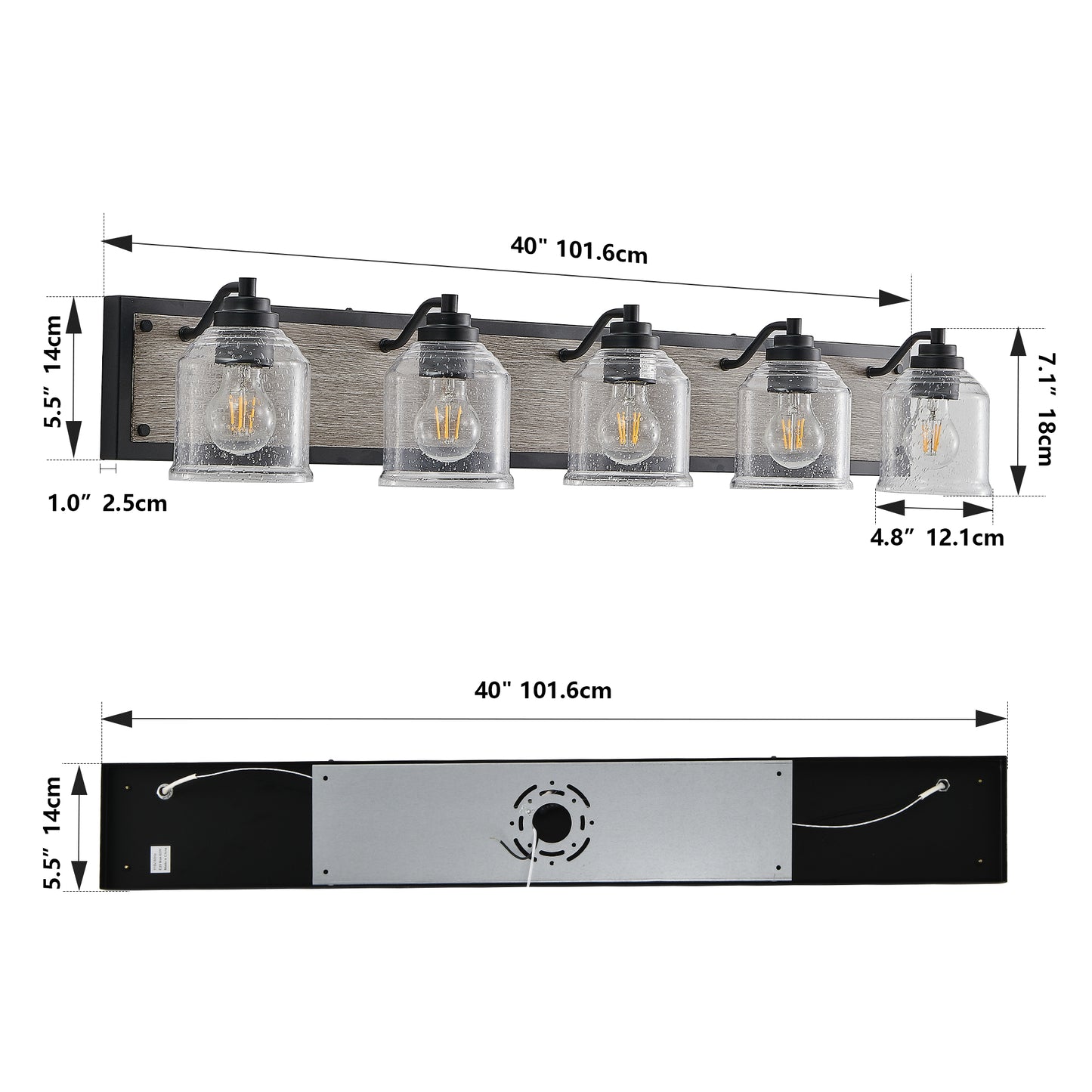 40" Farmhouse Vanity Light Fixture, 5-Light Bathroom Wall Sconce with Clear Seeded Glass Shades, Black and Wood Grain Finish, Modern Industrial Design for Bathroom or Powder Room (No Bulbs)