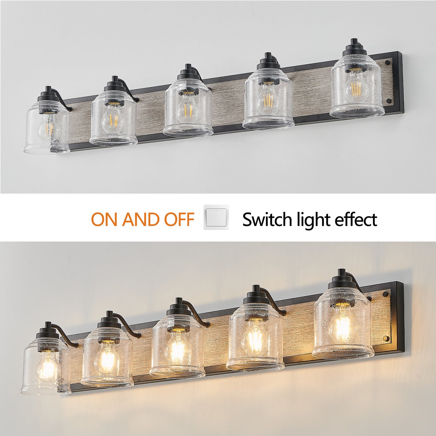 40" Farmhouse Vanity Light Fixture, 5-Light Bathroom Wall Sconce with Clear Seeded Glass Shades, Black and Wood Grain Finish, Modern Industrial Design for Bathroom or Powder Room (No Bulbs)