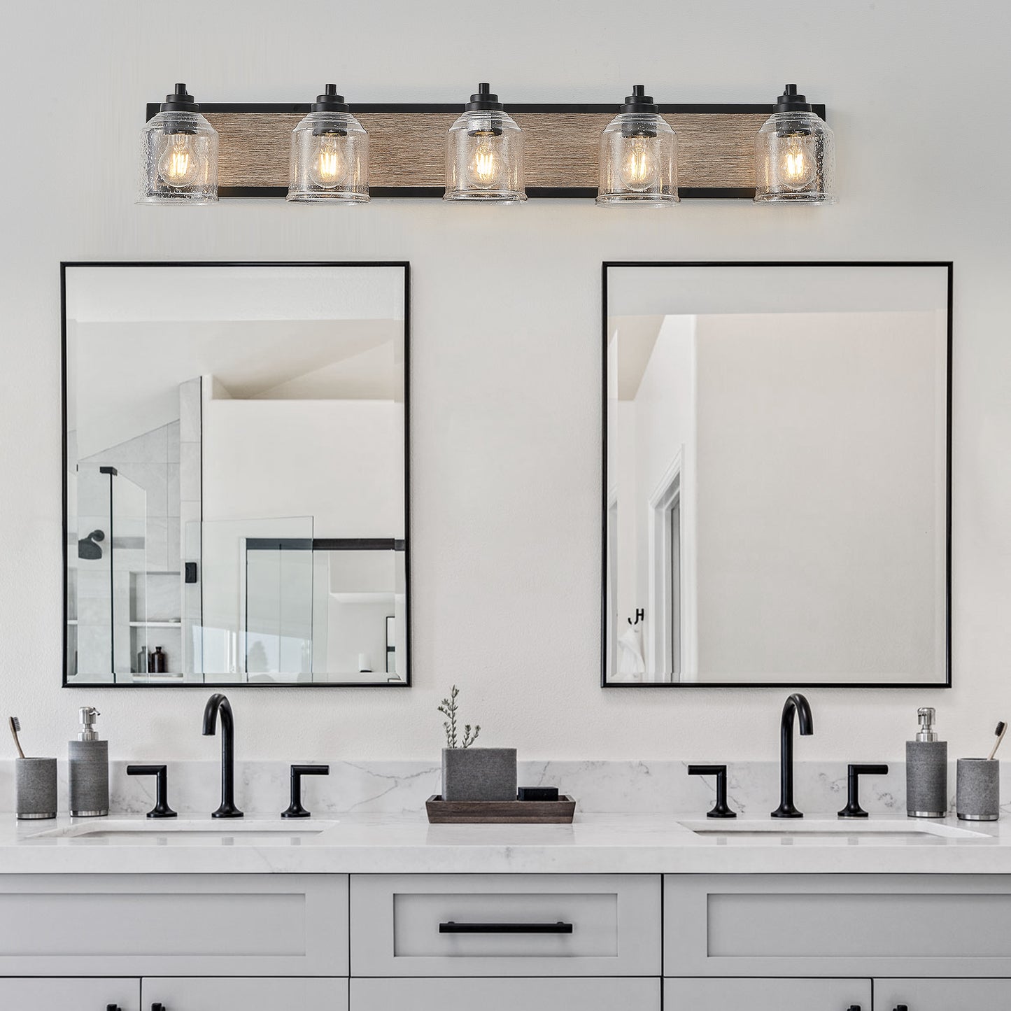 40" Farmhouse Vanity Light Fixture, 5-Light Bathroom Wall Sconce with Clear Seeded Glass Shades, Black and Wood Grain Finish, Modern Industrial Design for Bathroom or Powder Room (No Bulbs)