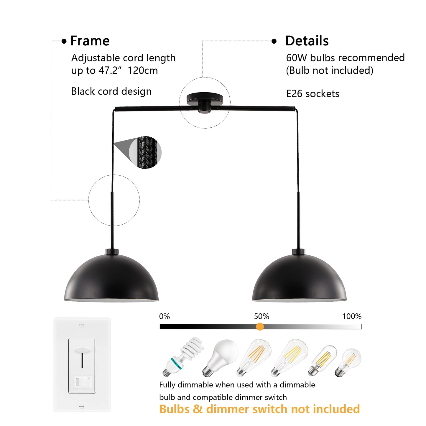41" Industrial Modern Black Double Pendant Light – Adjustable Ceiling Hanging Lamp with Matte Finish for Dining Room, Kitchen, or Living Room – Stylish and Durable Lighting Fixture (No Bulbs)