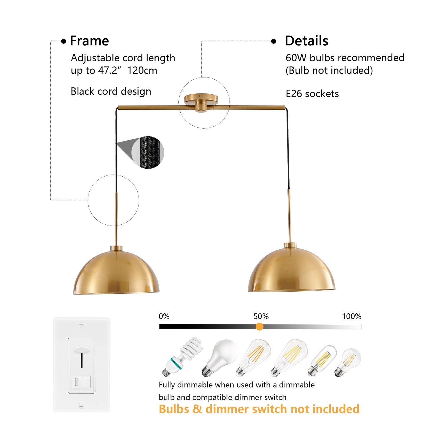 41" Industrial Modern Copper Color Double Pendant Light – Adjustable Ceiling Hanging Lamp with Bright Finish for Dining Room, Kitchen, or Living Room – Stylish and Durable Lighting Fixture (No Bulbs)
