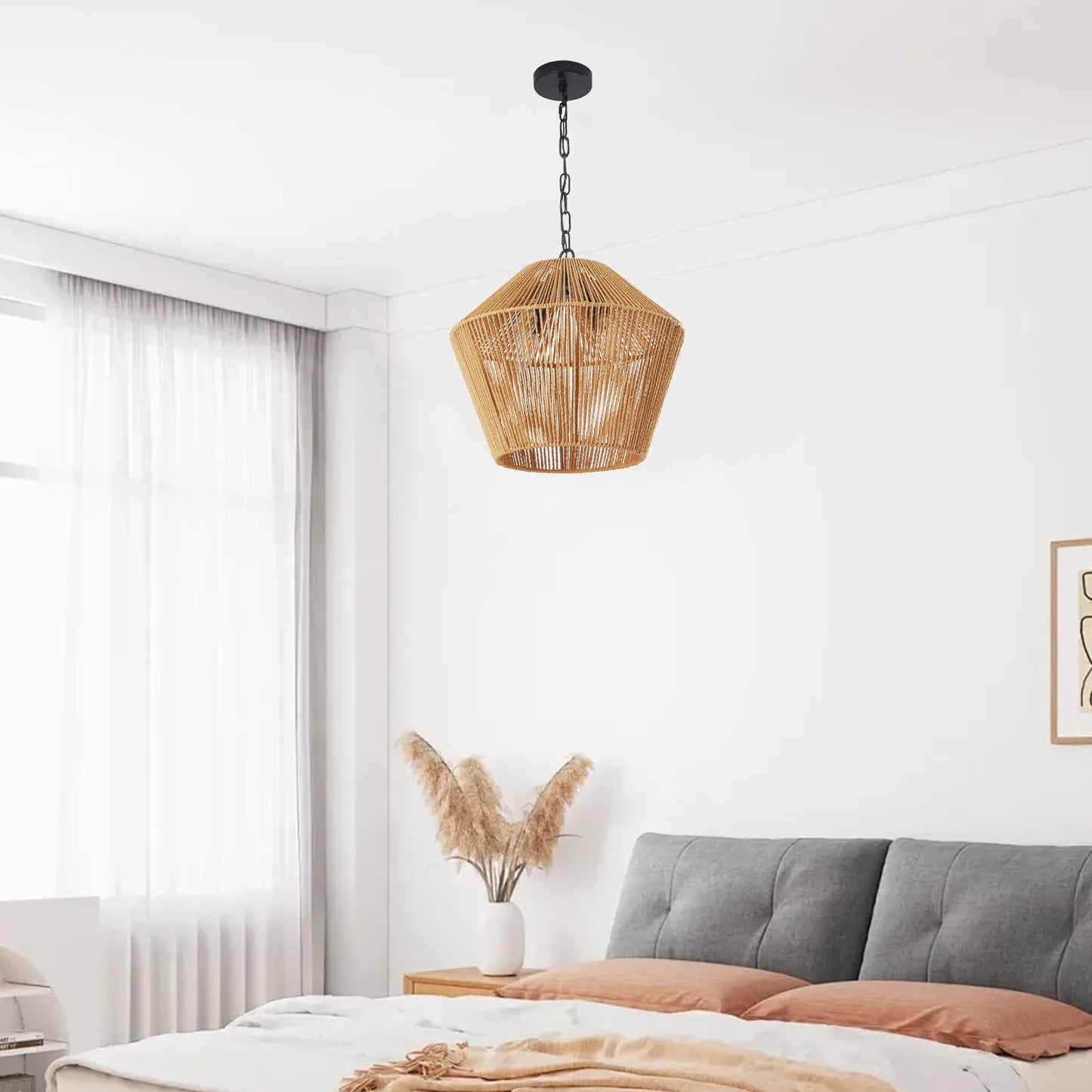 17" Boho Hemp Rope Pendant Light, Handcrafted Farmhouse Hanging Light Fixture for Kitchen Island, Dining Room, or Bedroom, Natural Finish, Adjustable Height (Bulb Not Included)