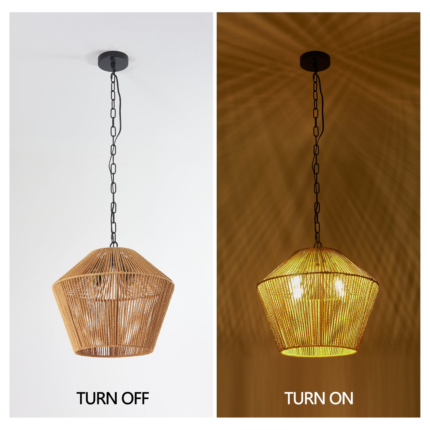 17" Boho Hemp Rope Pendant Light, Handcrafted Farmhouse Hanging Light Fixture for Kitchen Island, Dining Room, or Bedroom, Natural Finish, Adjustable Height (Bulb Not Included)