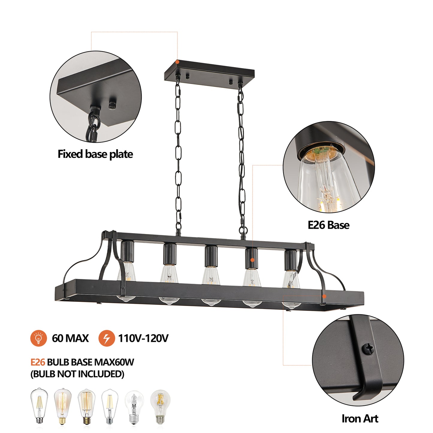 34-Inch Black Industrial Pendant Light with 5 E26 Bulb Sockets, Adjustable Chain Height – Modern Farmhouse Linear Chandelier for Dining Room, Kitchen Island, or Living Room (Bulb Not Included)