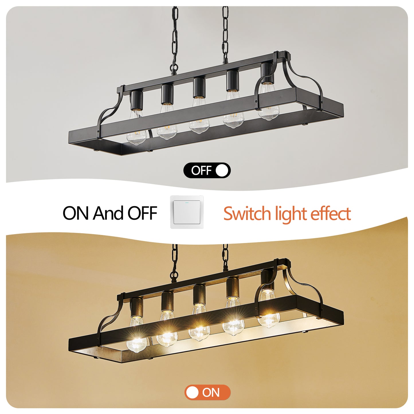 34-Inch Black Industrial Pendant Light with 5 E26 Bulb Sockets, Adjustable Chain Height – Modern Farmhouse Linear Chandelier for Dining Room, Kitchen Island, or Living Room (Bulb Not Included)