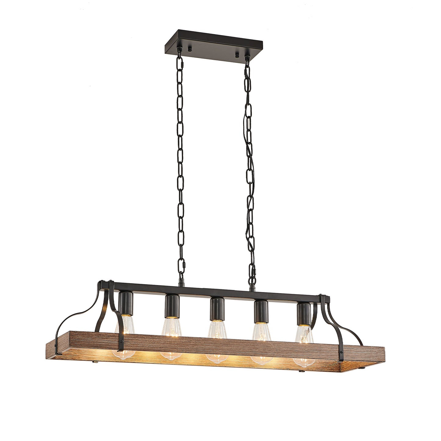34-Inch Black and Walnut Wood Grain Pendant Light, 5 E26 Bulb Sockets, Adjustable Chain Height – Modern Farmhouse Chandelier for Dining Room, Kitchen, or Living Room (Bulb Not Included)