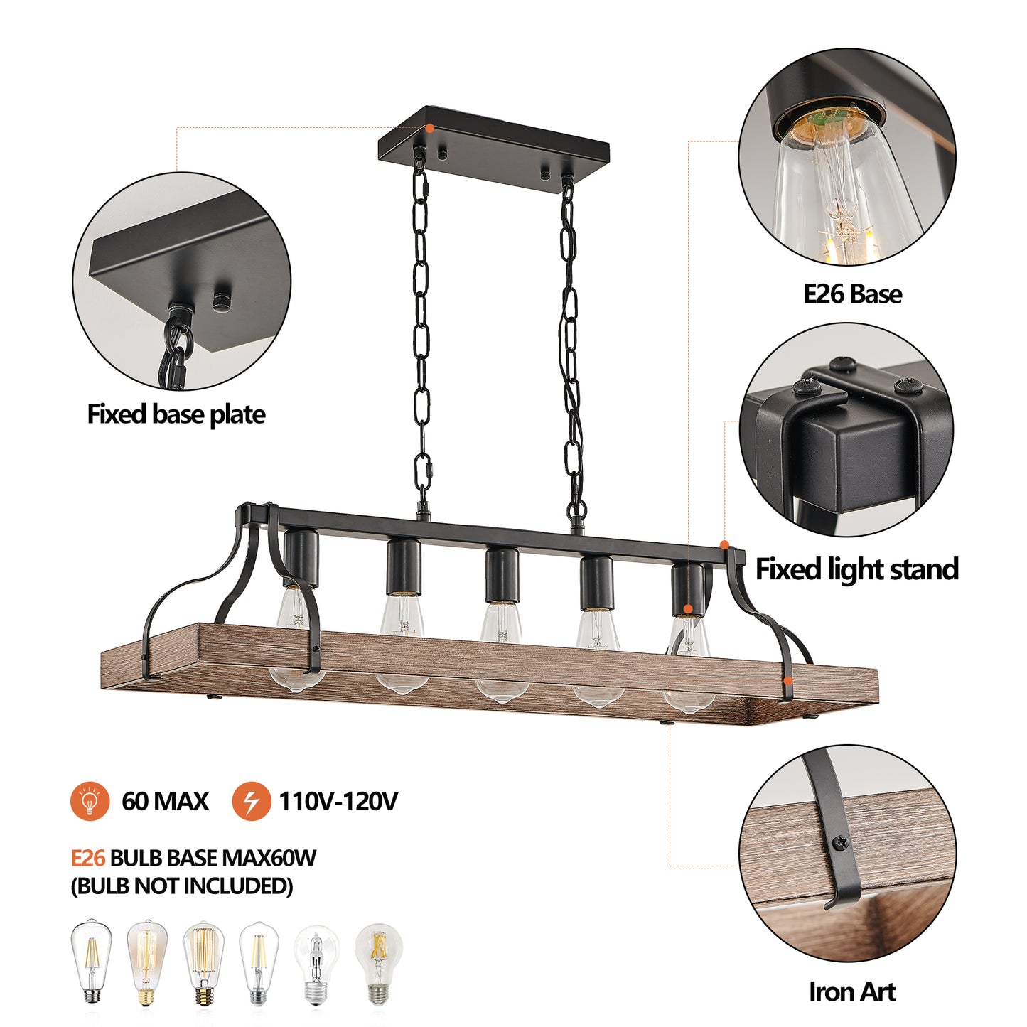 34-Inch Black and Walnut Wood Grain Pendant Light, 5 E26 Bulb Sockets, Adjustable Chain Height – Modern Farmhouse Chandelier for Dining Room, Kitchen, or Living Room (Bulb Not Included)