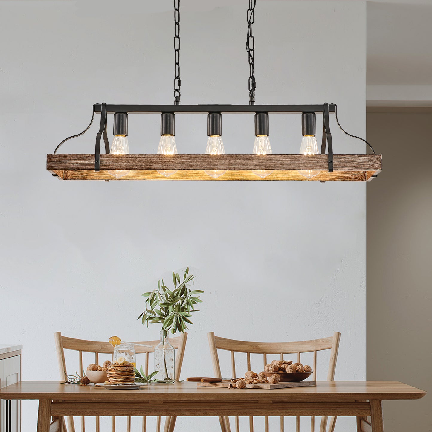 34-Inch Black and Walnut Wood Grain Pendant Light, 5 E26 Bulb Sockets, Adjustable Chain Height – Modern Farmhouse Chandelier for Dining Room, Kitchen, or Living Room (Bulb Not Included)