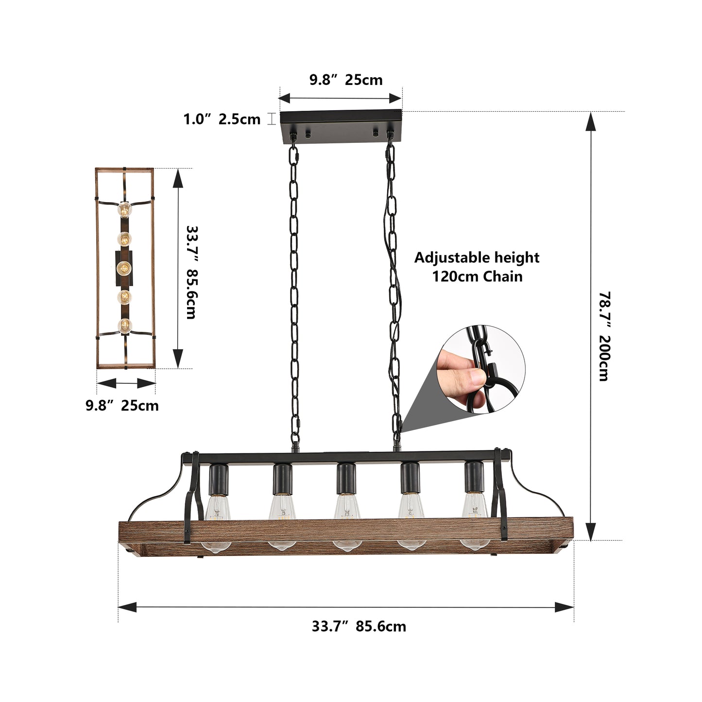 34-Inch Black and Walnut Wood Grain Pendant Light, 5 E26 Bulb Sockets, Adjustable Chain Height – Modern Farmhouse Chandelier for Dining Room, Kitchen, or Living Room (Bulb Not Included)