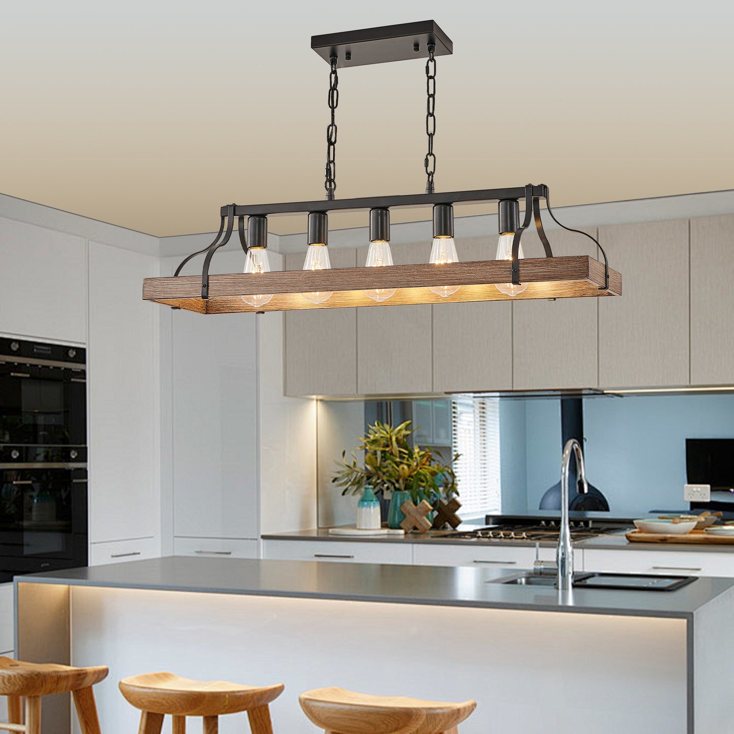 34-Inch Black and Walnut Wood Grain Pendant Light, 5 E26 Bulb Sockets, Adjustable Chain Height – Modern Farmhouse Chandelier for Dining Room, Kitchen, or Living Room (Bulb Not Included)