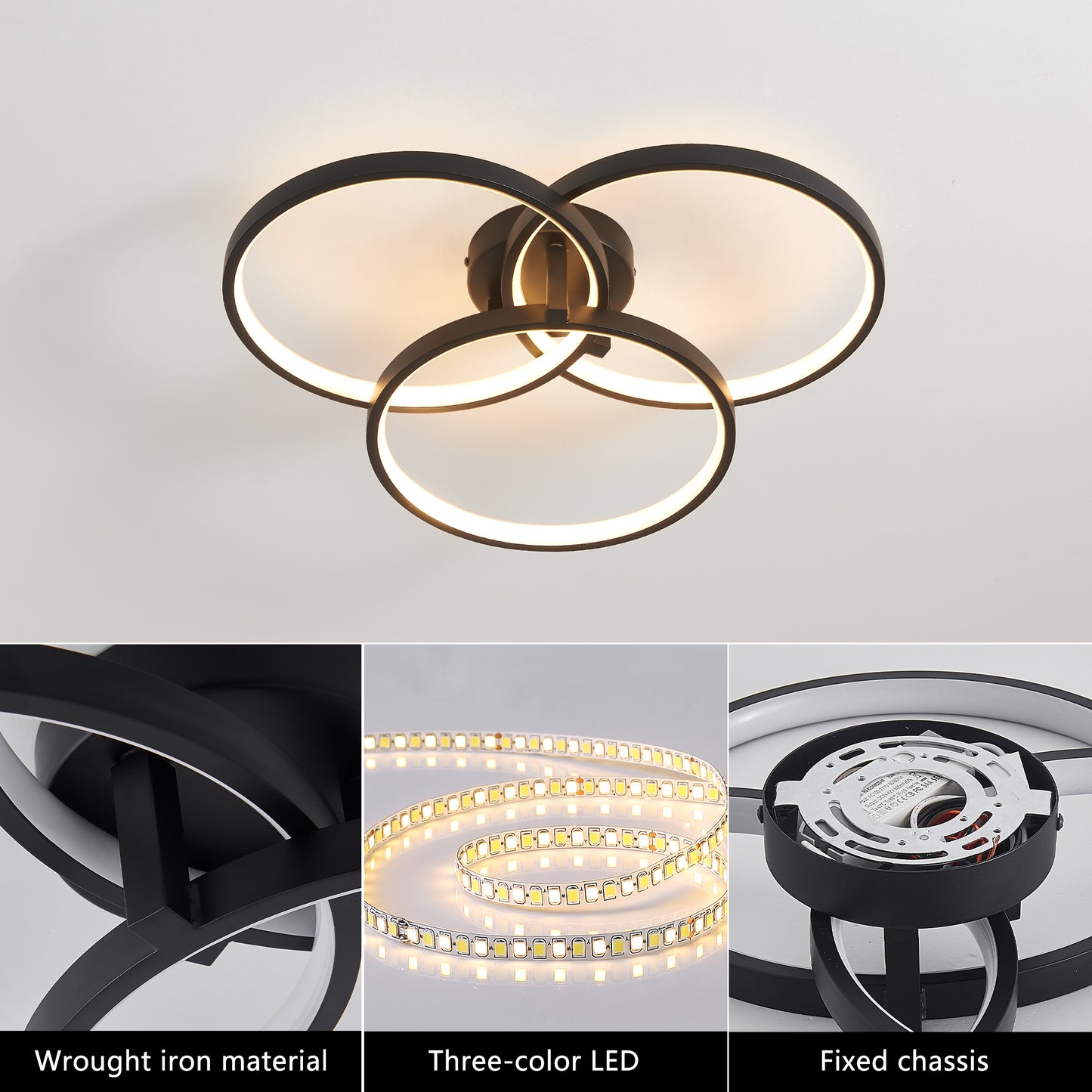 20" Modern Black LED Ceiling Light, 3-Ring Flush Mount Fixture for Living Room, Bedroom, or Dining Room, Sleek and Energy-Efficient Design, Easy Installation