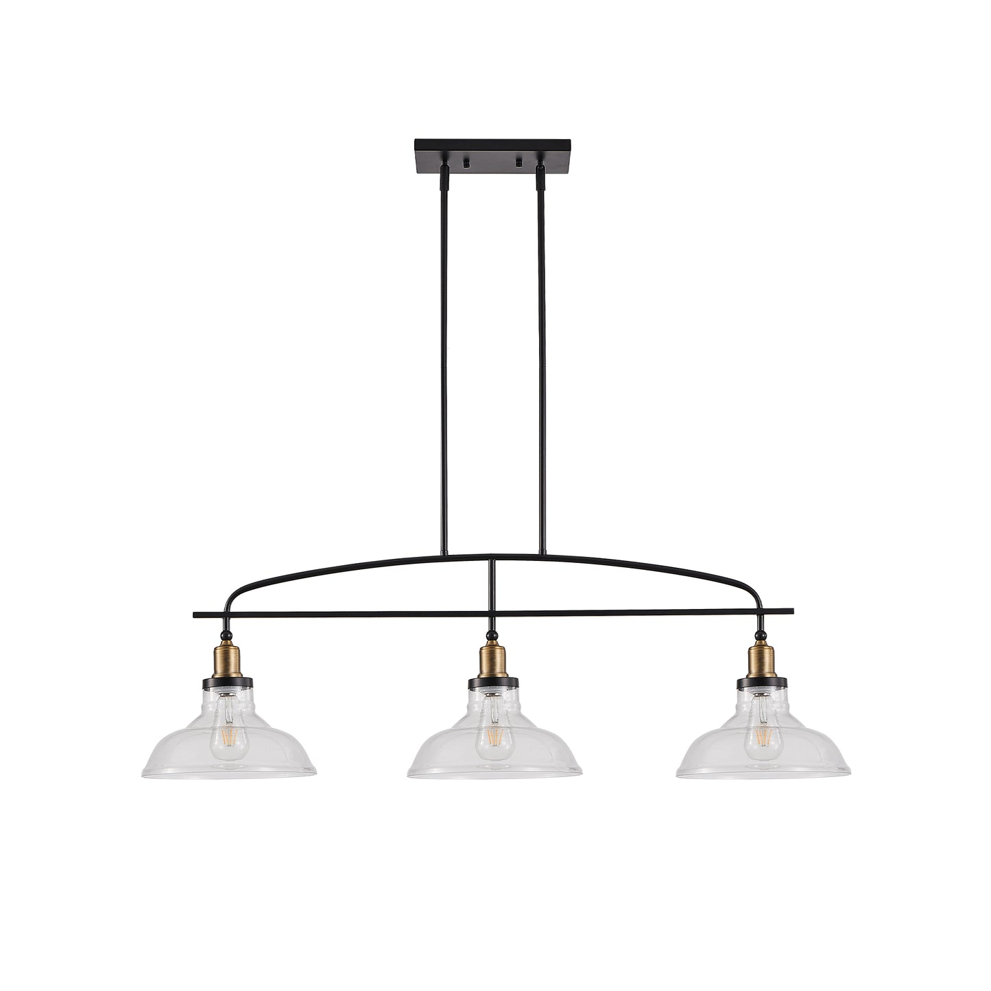 45" Industrial 3-Light Pendant Chandelier with Clear Glass Shades, Black Metal Frame, Adjustable Height, Modern Farmhouse Lighting for Kitchen Island, Dining Room, or Living Room (Bulb Not Included)