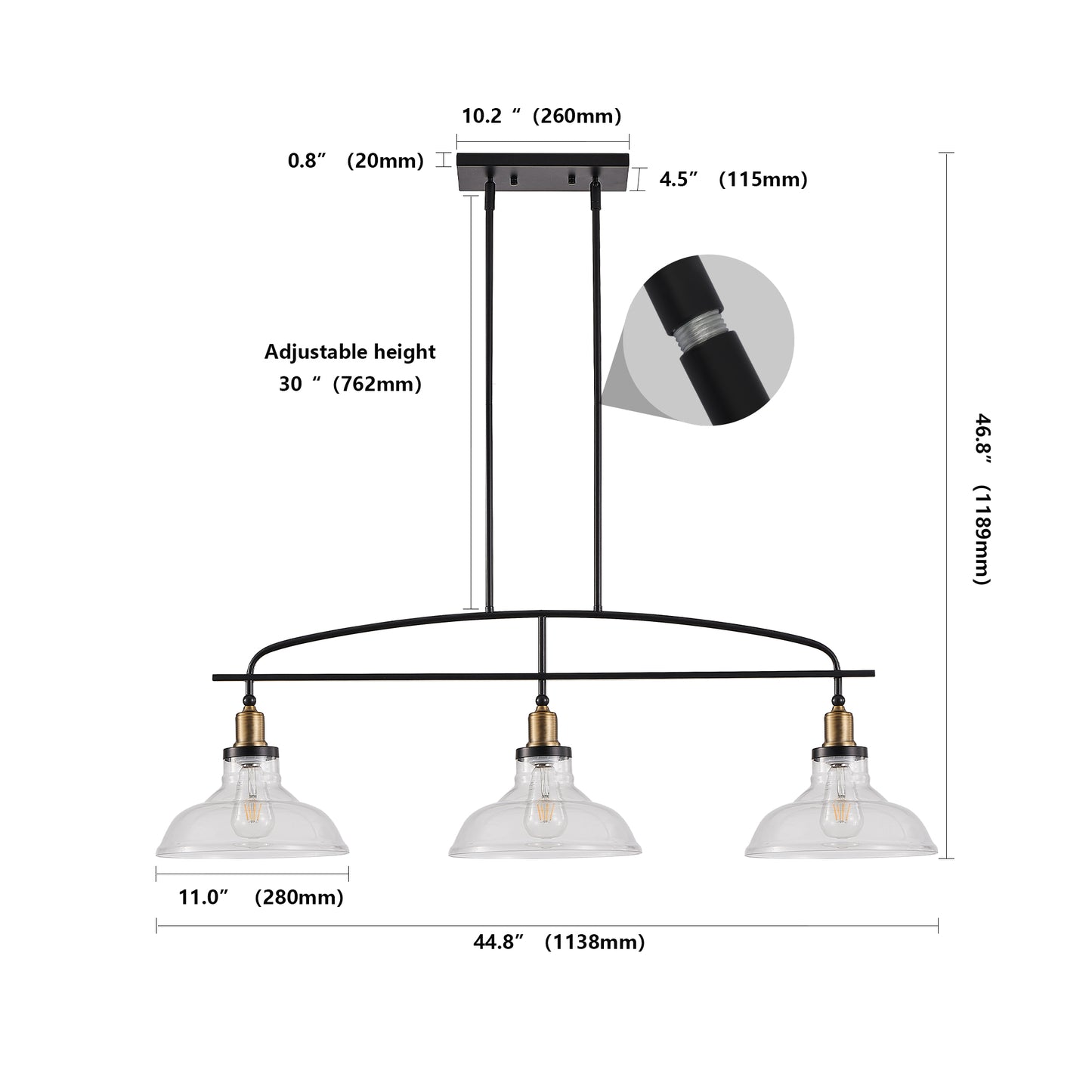 45" Industrial 3-Light Pendant Chandelier with Clear Glass Shades, Black Metal Frame, Adjustable Height, Modern Farmhouse Lighting for Kitchen Island, Dining Room, or Living Room (Bulb Not Included)