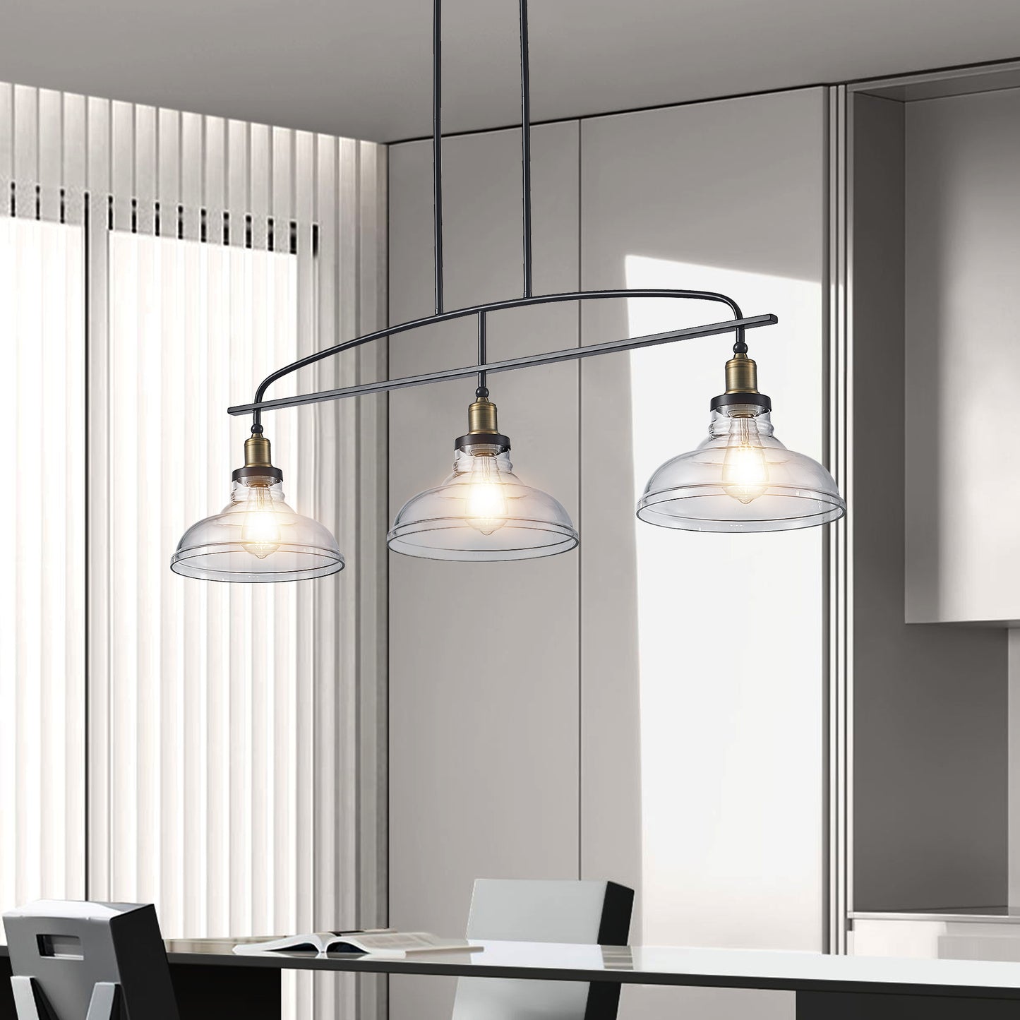 45" Industrial 3-Light Pendant Chandelier with Clear Glass Shades, Black Metal Frame, Adjustable Height, Modern Farmhouse Lighting for Kitchen Island, Dining Room, or Living Room (Bulb Not Included)