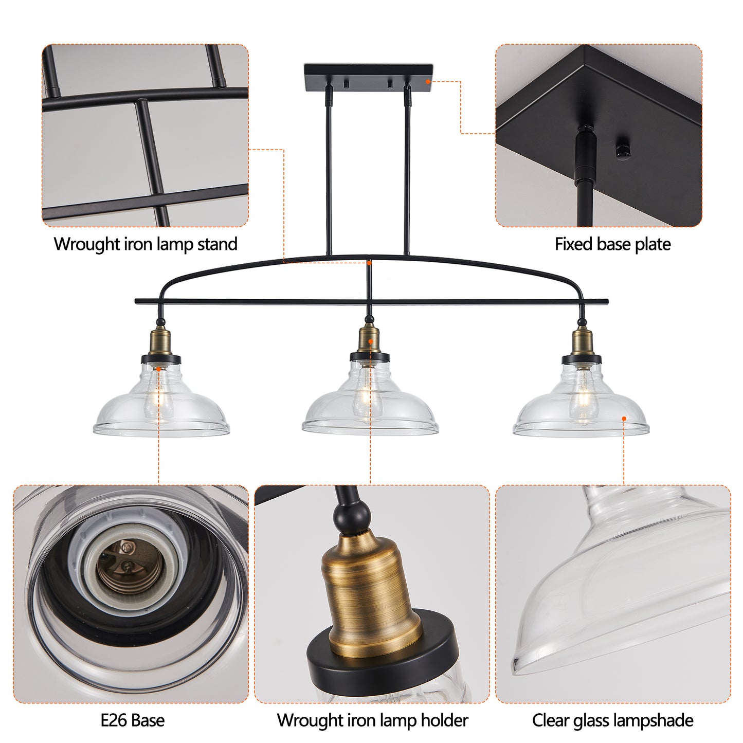 45" Industrial 3-Light Pendant Chandelier with Clear Glass Shades, Black Metal Frame, Adjustable Height, Modern Farmhouse Lighting for Kitchen Island, Dining Room, or Living Room (Bulb Not Included)