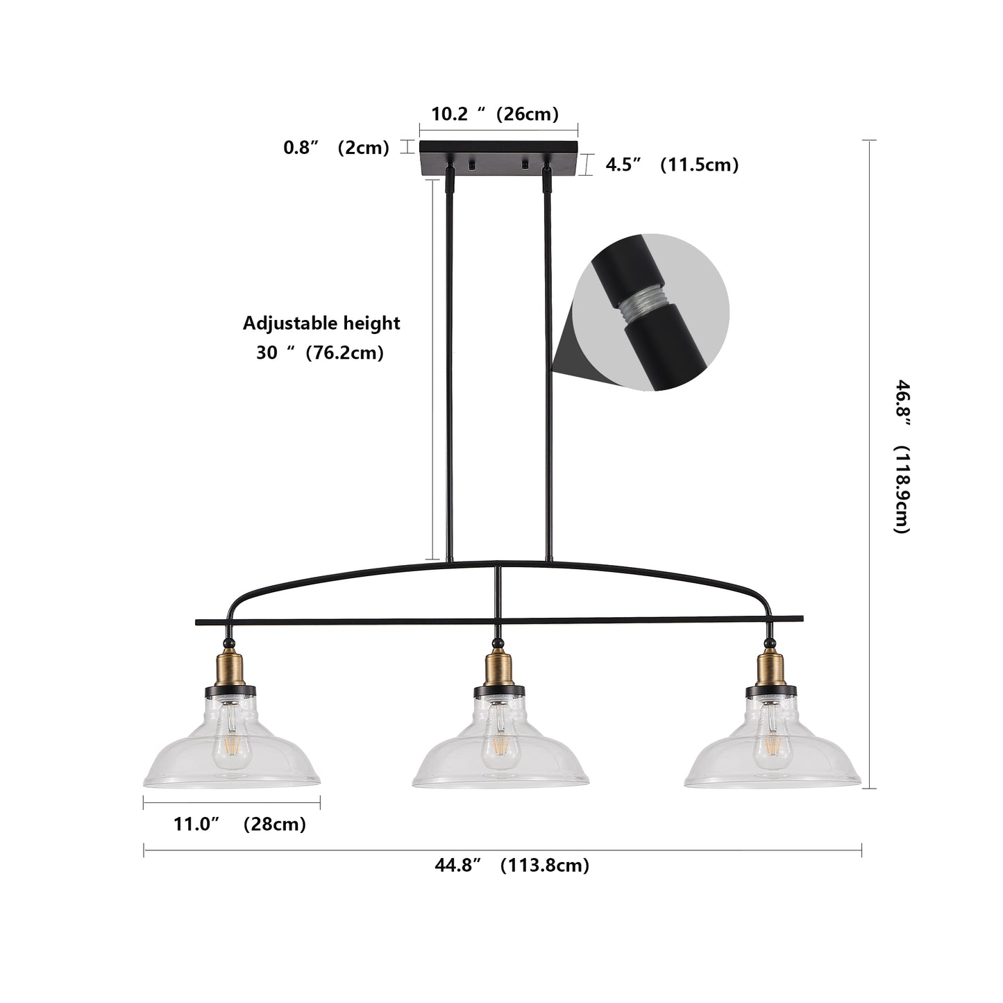45" Industrial 3-Light Pendant Chandelier with Clear Glass Shades, Black Metal Frame, Adjustable Height, Modern Farmhouse Lighting for Kitchen Island, Dining Room, or Living Room (Bulb Not Included)
