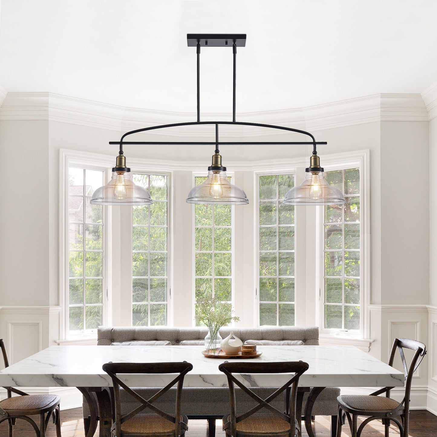 45" Industrial 3-Light Pendant Chandelier with Clear Glass Shades, Black Metal Frame, Adjustable Height, Modern Farmhouse Lighting for Kitchen Island, Dining Room, or Living Room (Bulb Not Included)