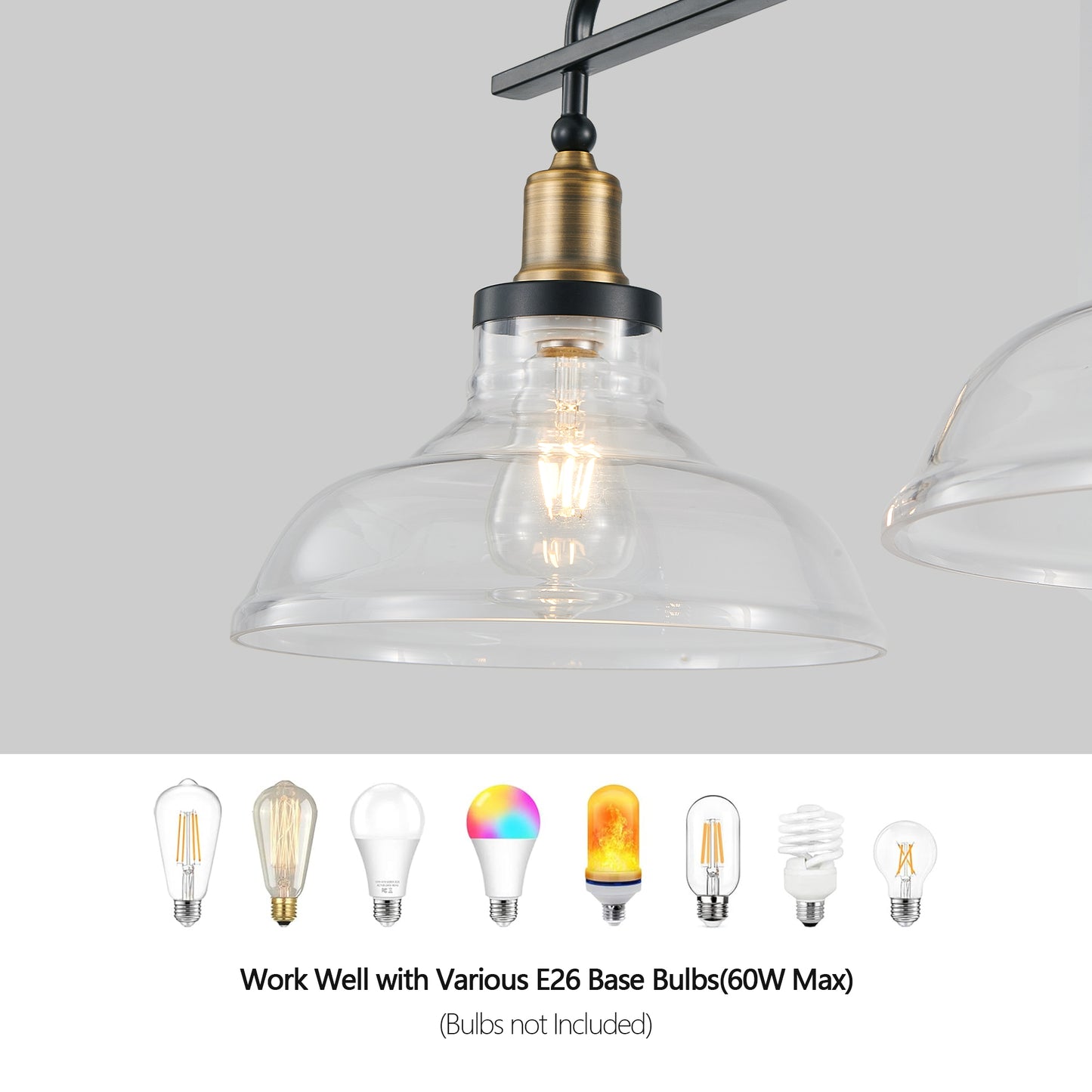 45" Industrial 3-Light Pendant Chandelier with Clear Glass Shades, Black Metal Frame, Adjustable Height, Modern Farmhouse Lighting for Kitchen Island, Dining Room, or Living Room (Bulb Not Included)