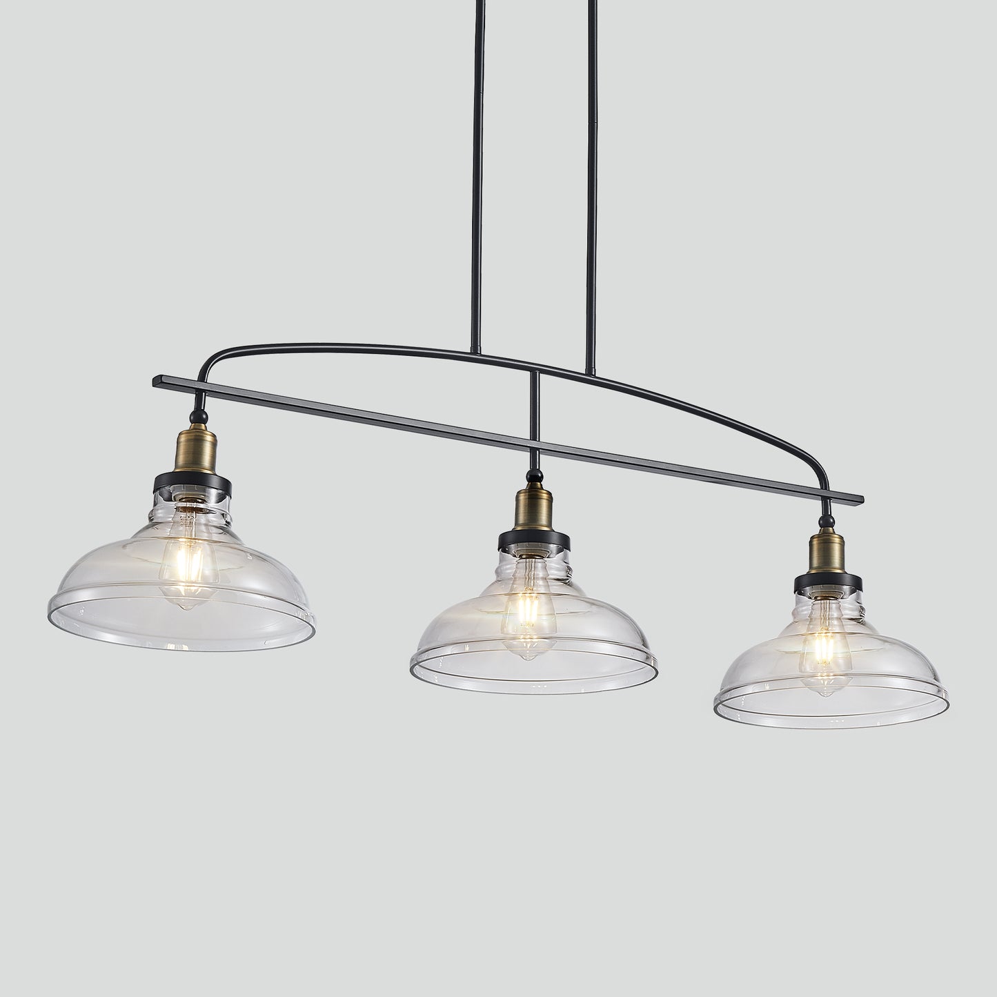 45" Industrial 3-Light Pendant Chandelier with Clear Glass Shades, Black Metal Frame, Adjustable Height, Modern Farmhouse Lighting for Kitchen Island, Dining Room, or Living Room (Bulb Not Included)