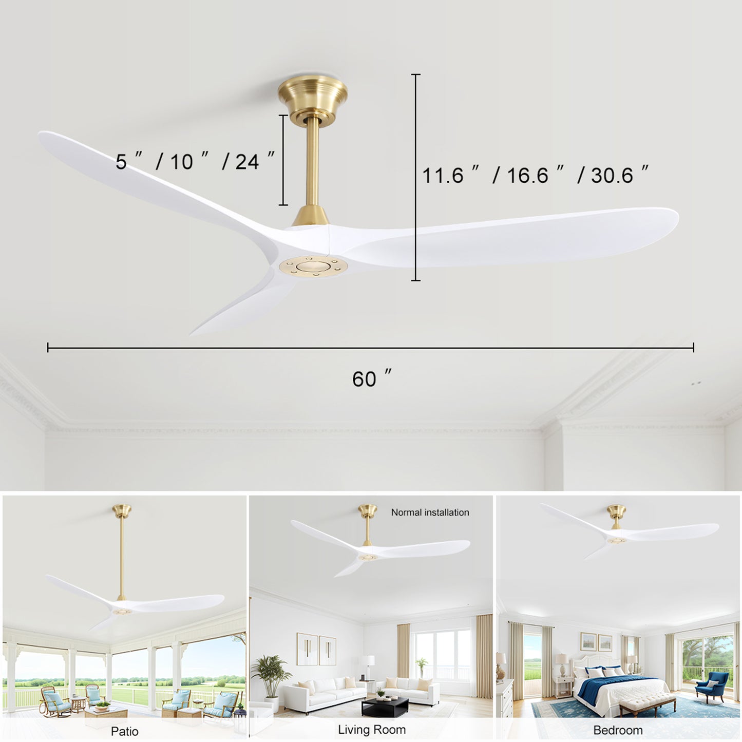 60 Inch Modern ABS Ceiling Fan With 6 Speed Smart Remote Control Reversible DC Motor For Bedroom Living Room