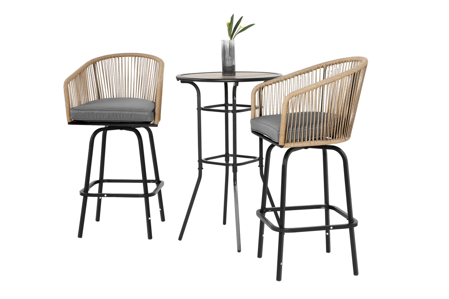 3pcs Outdoor Bar Set, Patio Bar Table and Chairs Set, Bar Height Patio Set - 2 x Swivel Bar Chairs , 1 x Round Bar Table(DPC Wood-Like)-Grey