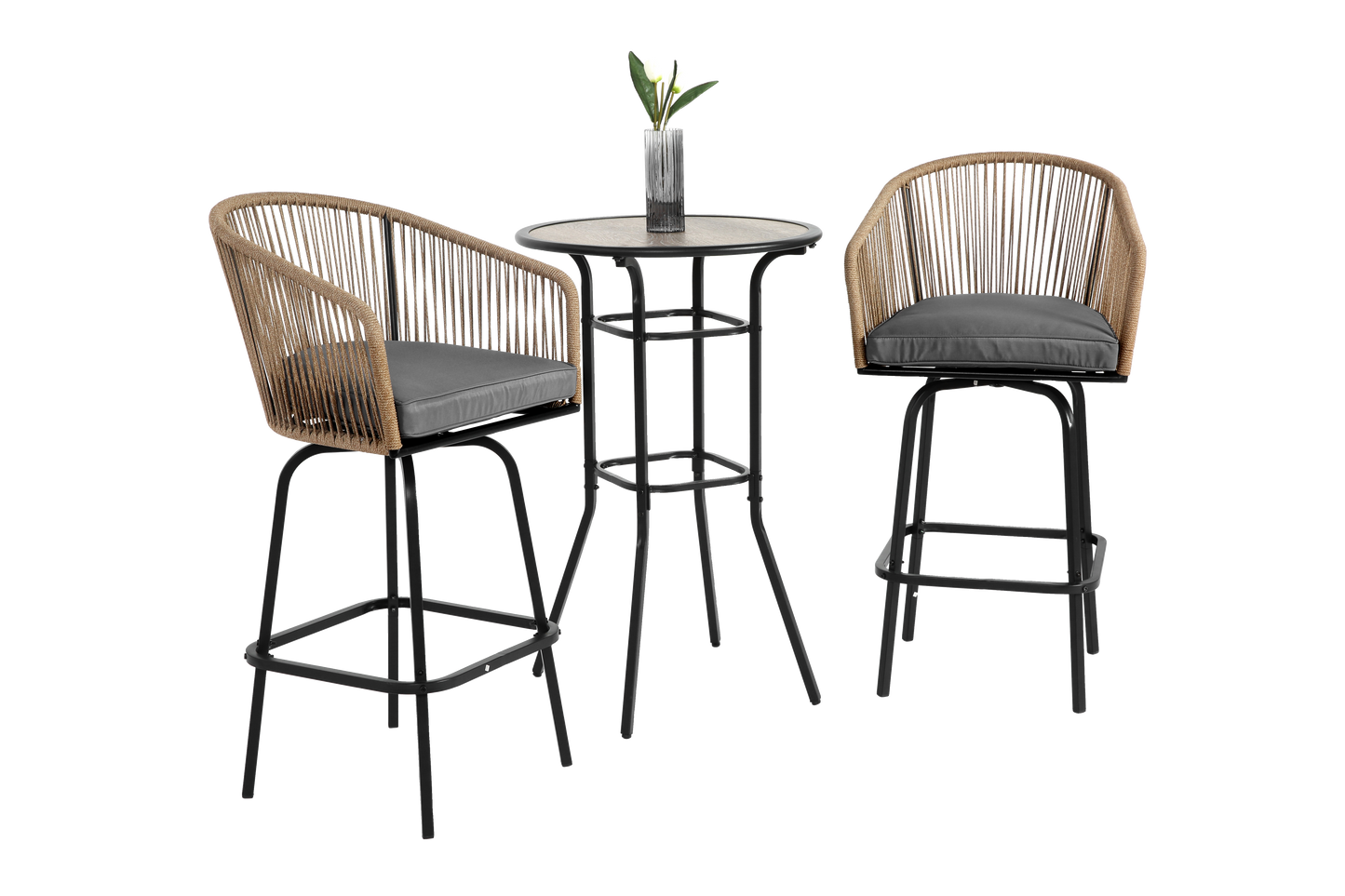 3pcs Outdoor Bar Set, Patio Bar Table and Chairs Set, Bar Height Patio Set - 2 x Swivel Bar Chairs , 1 x Round Bar Table(DPC Wood-Like)-Grey