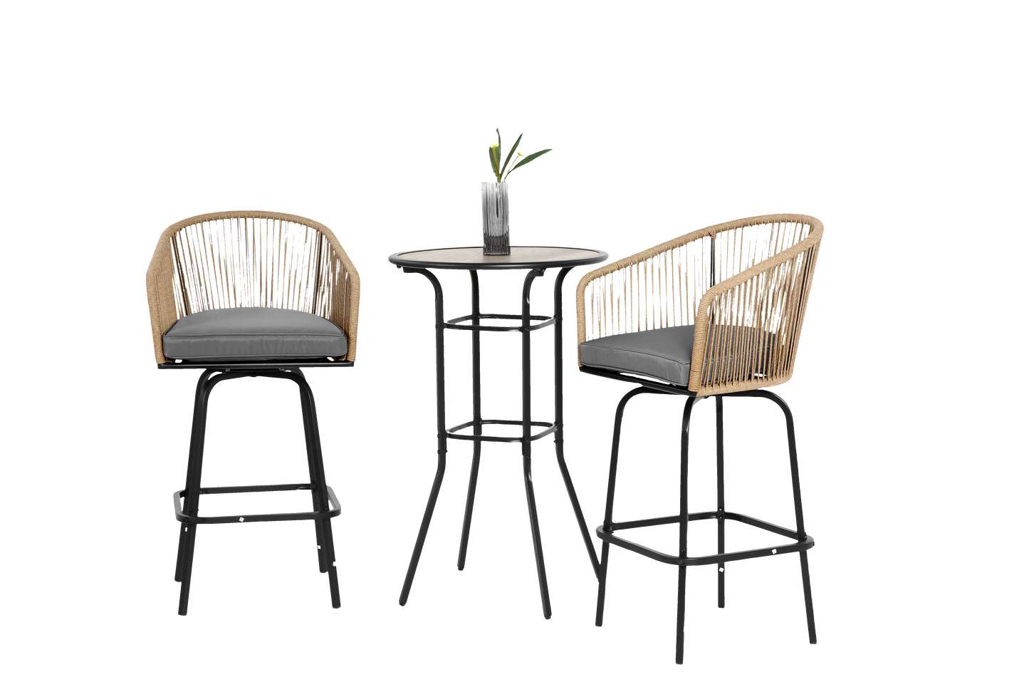 3pcs Outdoor Bar Set, Patio Bar Table and Chairs Set, Bar Height Patio Set - 2 x Swivel Bar Chairs , 1 x Round Bar Table(DPC Wood-Like)-Grey