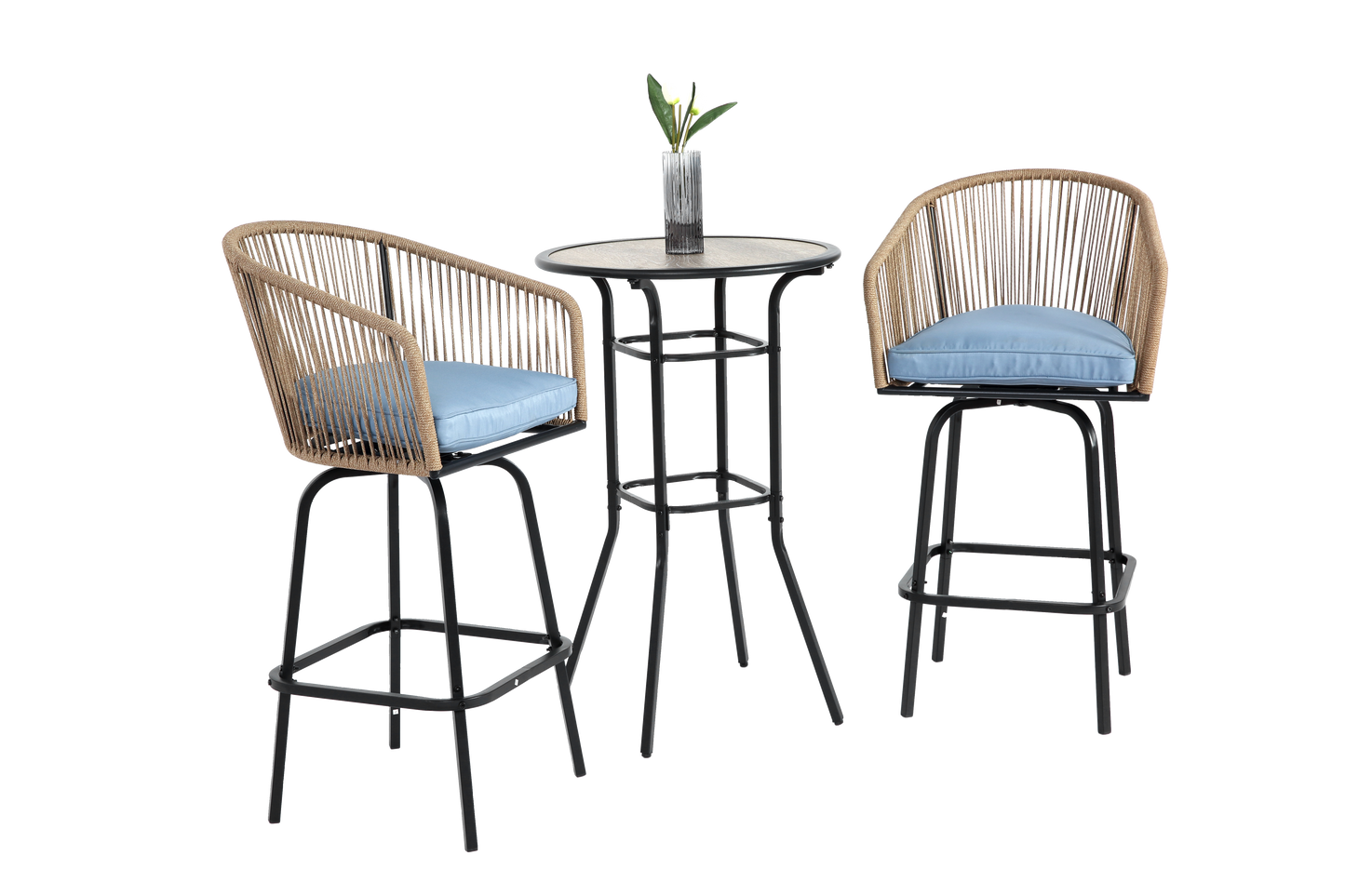 3pcs Outdoor Bar Set, Patio Bar Table and Chairs Set, Bar Height Patio Set - 2 x Swivel Bar Chairs , 1 x Round Bar Table(DPC Wood-Like)-Blue